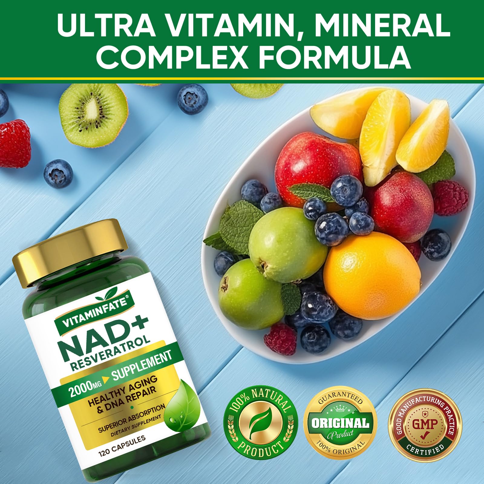 VITAMINFATE NAD+ Supplement 2000 mg - 120 Capsules True NAD+ & Resveratrol, NMN Alternative Supports Anti-Aging, Cellular Energy & Repair, Metabolism & Brain Boost for Men & Women VITAMINFATE uk supplements