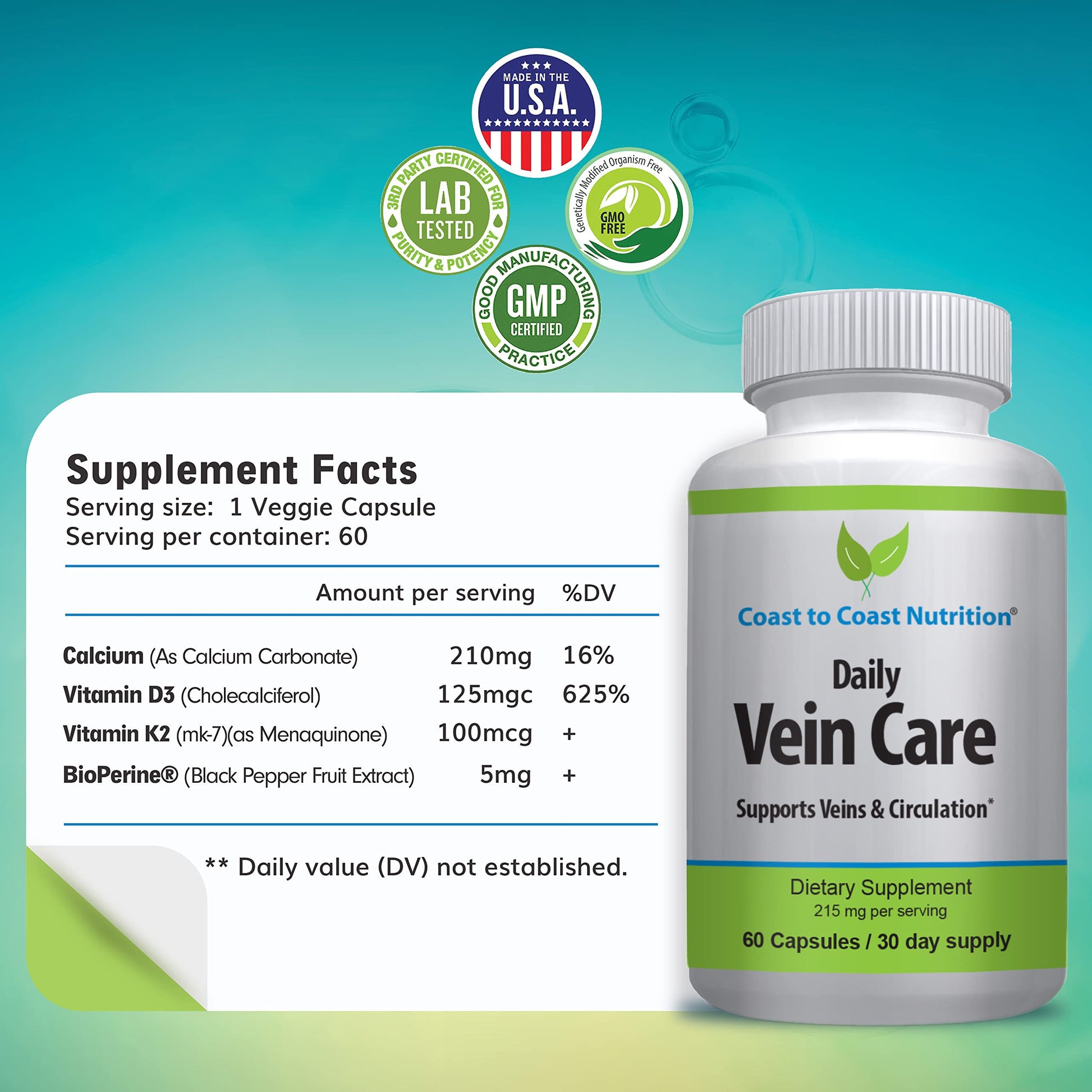 Coast to Coast Nutrition Daily Vein Care Supplement Capsules — Circulation Formula with a Natural Blend of Calcium, Vitamin D3, Vitamin K2 Plus BioPerine for Max Absorption Vein Formula — 60 Capsules Coast to Coast Nutrition uk supplements