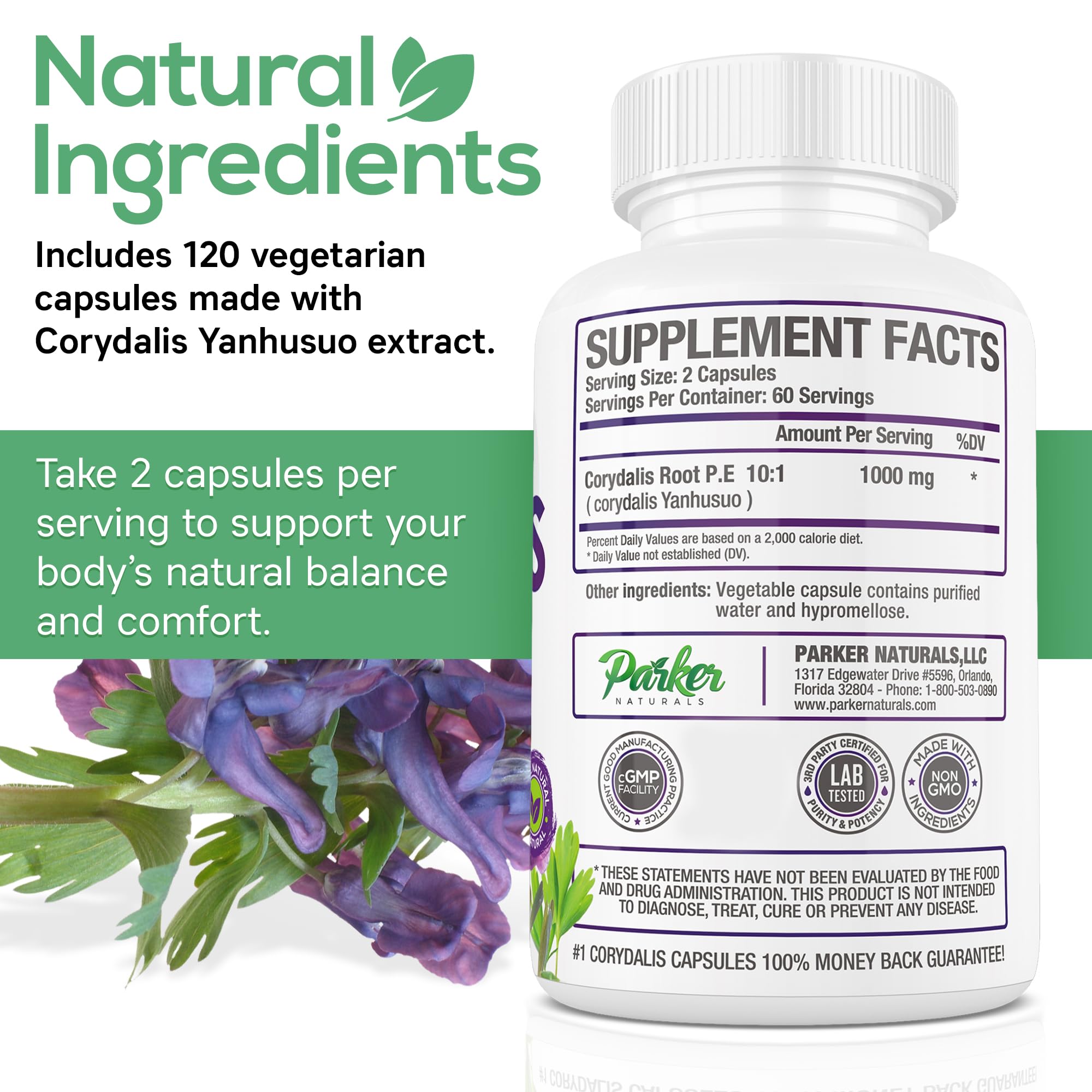 Pure Corydalis Root Extract Capsule - 1000mg Strength, 10:1 Corydalis Yanhusuo Extract, Natural Relief, Long Lasting, 100% Vegetarian, 60 Servings, 120 Count Parker Naturals uk supplements