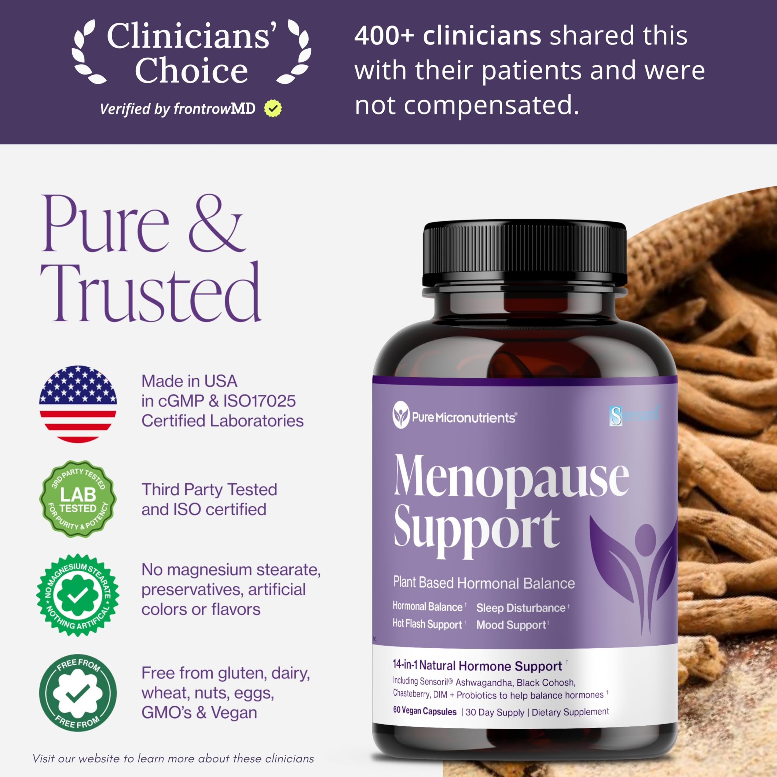 Menopause Supplements for Women - Natural Hormone Balance - Hot Flashes, Night Sweats, Sleep & Mood Support. with Sensoril® Ashwagandha, DIM, Chaste Berry & Black Cohosh Root - 60 Count Pure Micronutrients uk supplements