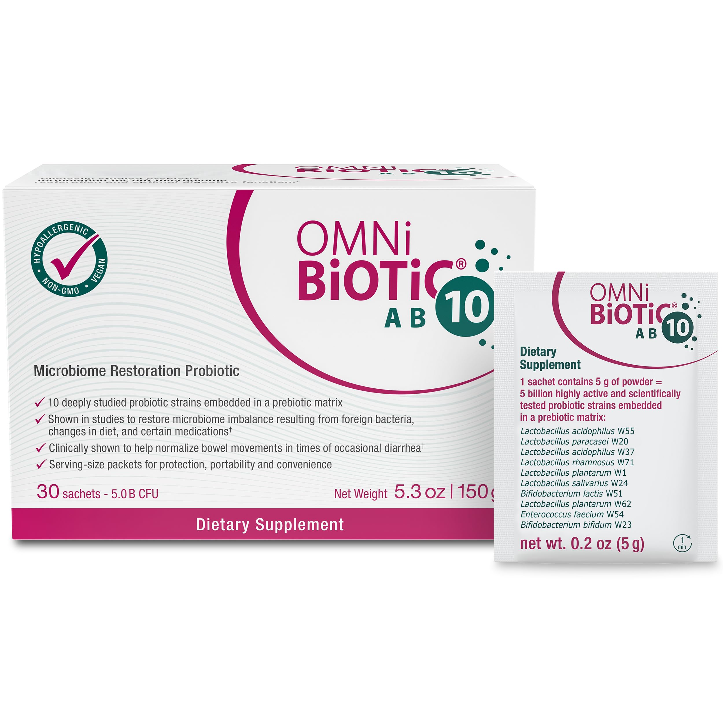 OMNi BiOTiC AB 10 - Clinically Tested Restorative Probiotic - Supports & Restores Gut Flora & Digestion - Digestive Probiotic for Diarrhea - Vegan, Hypoallergenic, Non-GMO (30 Daily Packets) OMNi BiOTiC uk supplements