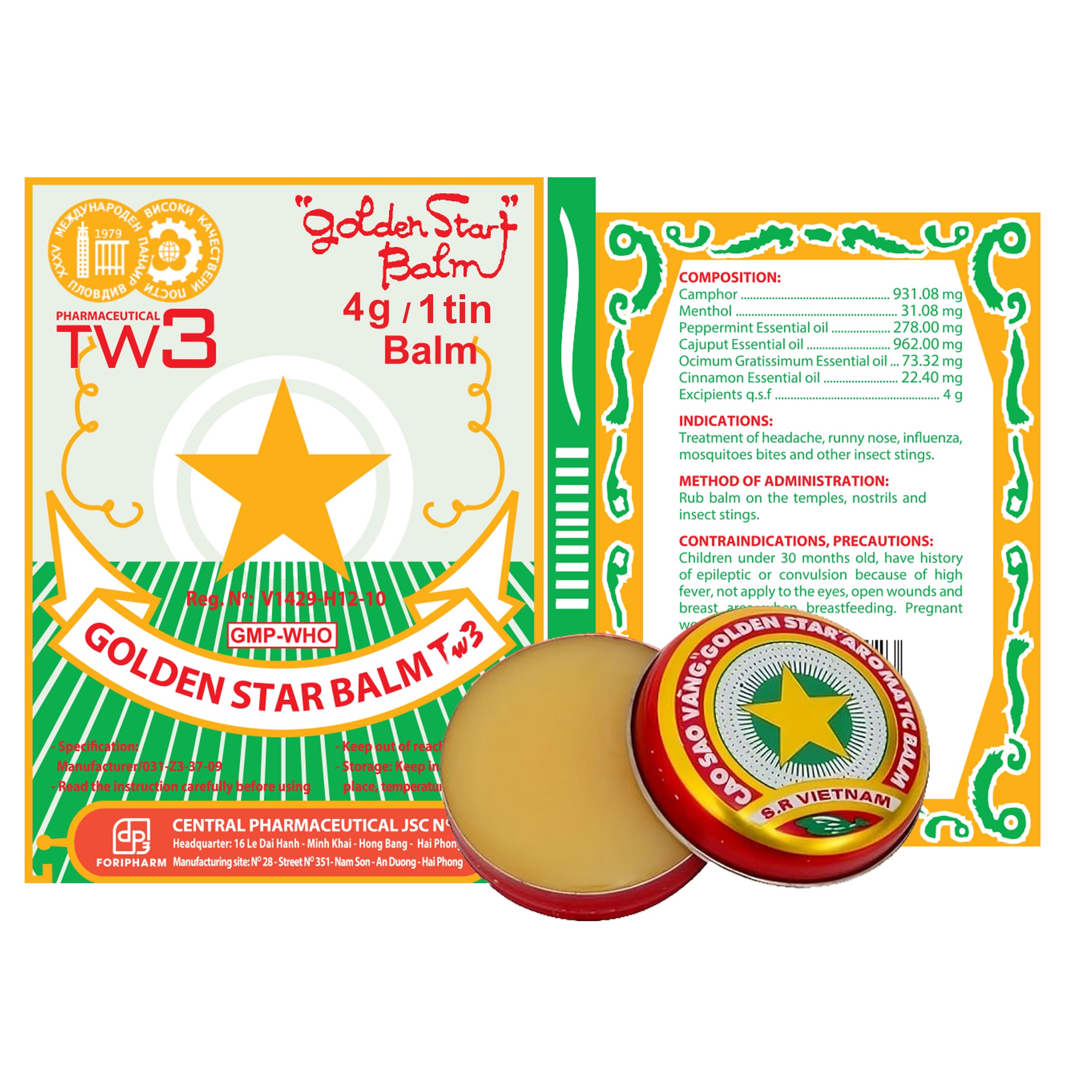 Golden Star Aromatic Balm (Pack of 8) - Authentic Vietnamese Cao Sao Vang - Support Fast Relief for Headaches, Muscle Pain, Colds, & Insect Bites - Natural Essential Oils - Travel Size 4g Tins Pharmaceutical TW3 uk supplements