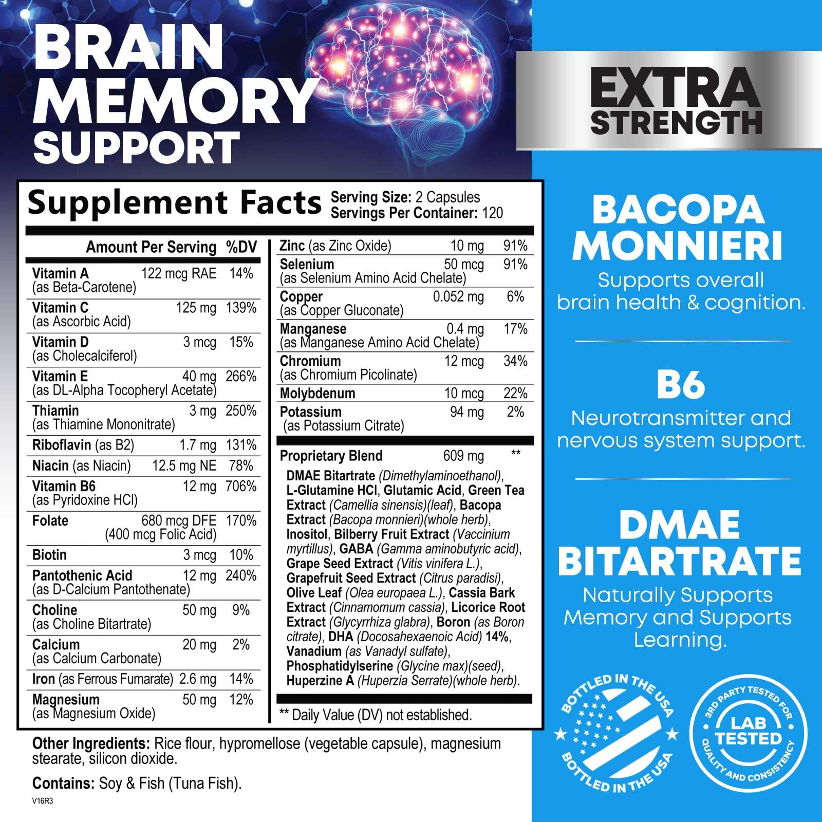 Brain Memory Supplement Pills - 3X Strength Nootropics for Concentration, Clarity & Focus Support - Brain Health Cognitive Vitamins with Bacopa, Phosphatidylserine & DMAE, Brain Booster - 240 Capsules Nature's Nutrition uk supplements