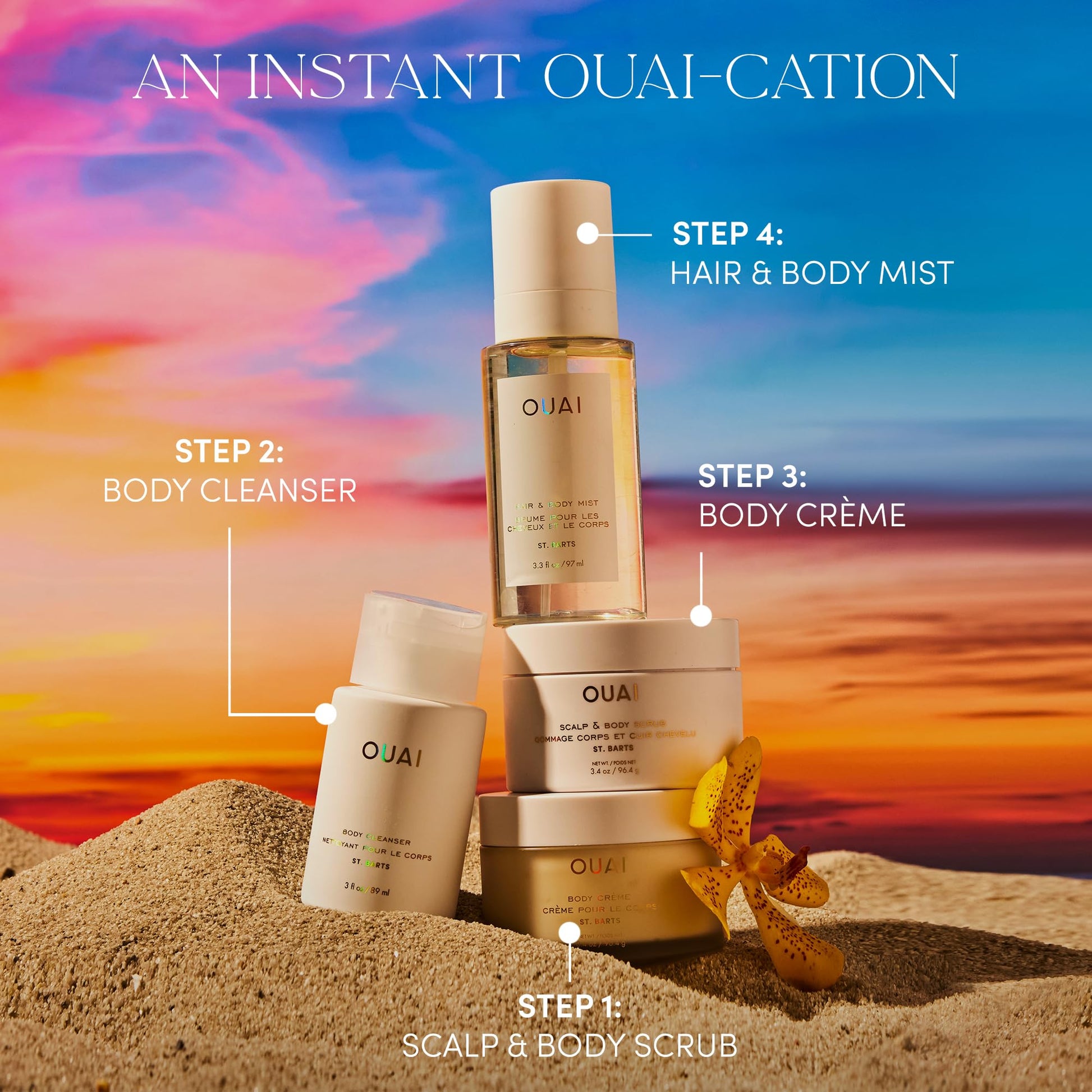 OUAI St. Barts Travel Bundle - Includes Travel Size Scalp & Body Scrub, Foaming Shower Gel, Hydrating Cream, and Hair & Body Mist (4 Count, 3.4 Oz/3.4 Oz/3 Oz/3.3 Oz) OUAI uk supplements