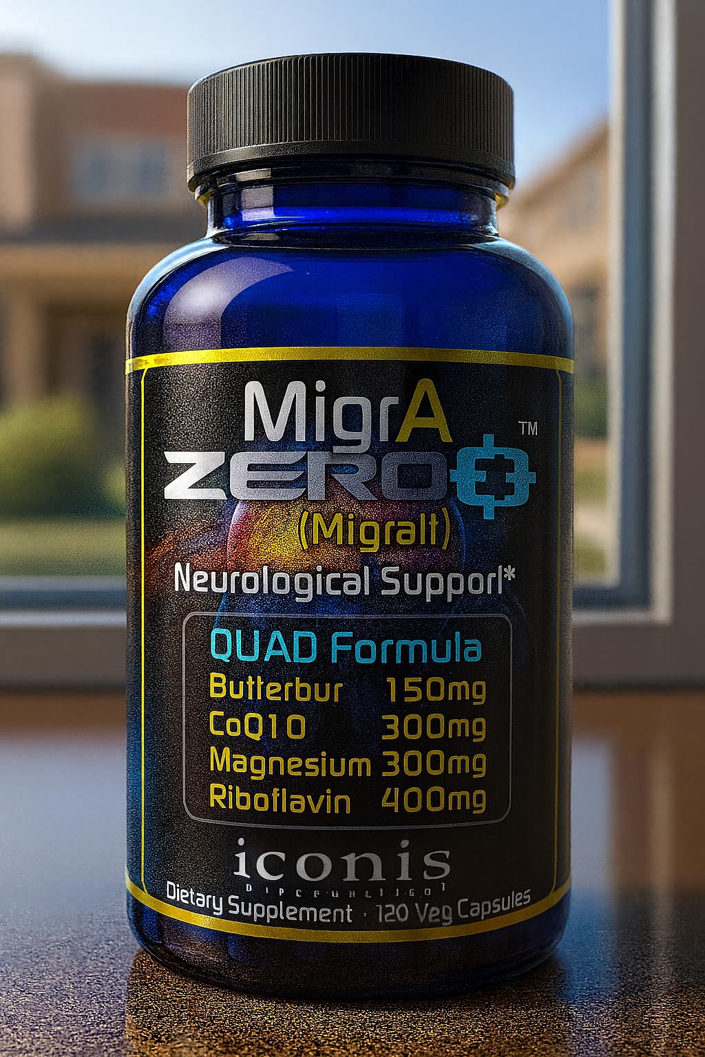 Migraine Relief, Quad-Formula with PA-Free Butterbur (150mg), CoQ10 (300mg), Magnesium Glycinate (300mg), High-Dose Riboflavin (400mg) - MigrA Zero (120 Caps) Optimal Dosing for Migraine Sufferers Iconis Bioceuticals uk supplements