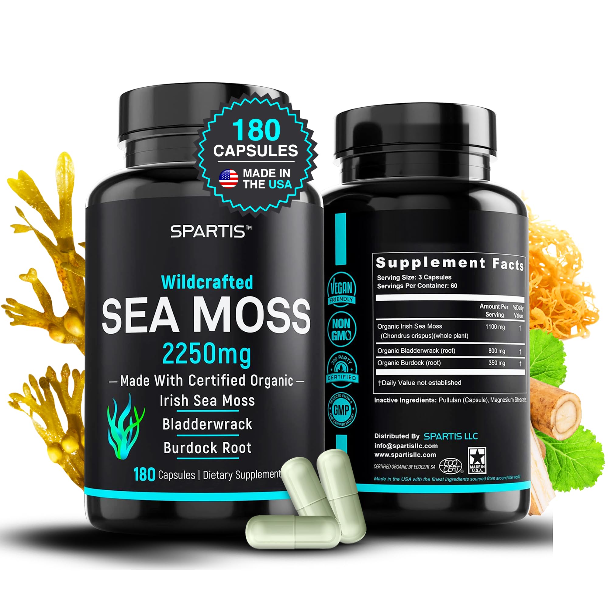 SPARTIS Certified Organic Sea Moss Capsules 2250mg Wildcrafted Irish Sea Moss Burdock Root Bladderwrack Supplement Raw Seamoss Pills & Powder (Pack of 1 at 180-Caps) SPARTIS uk supplements