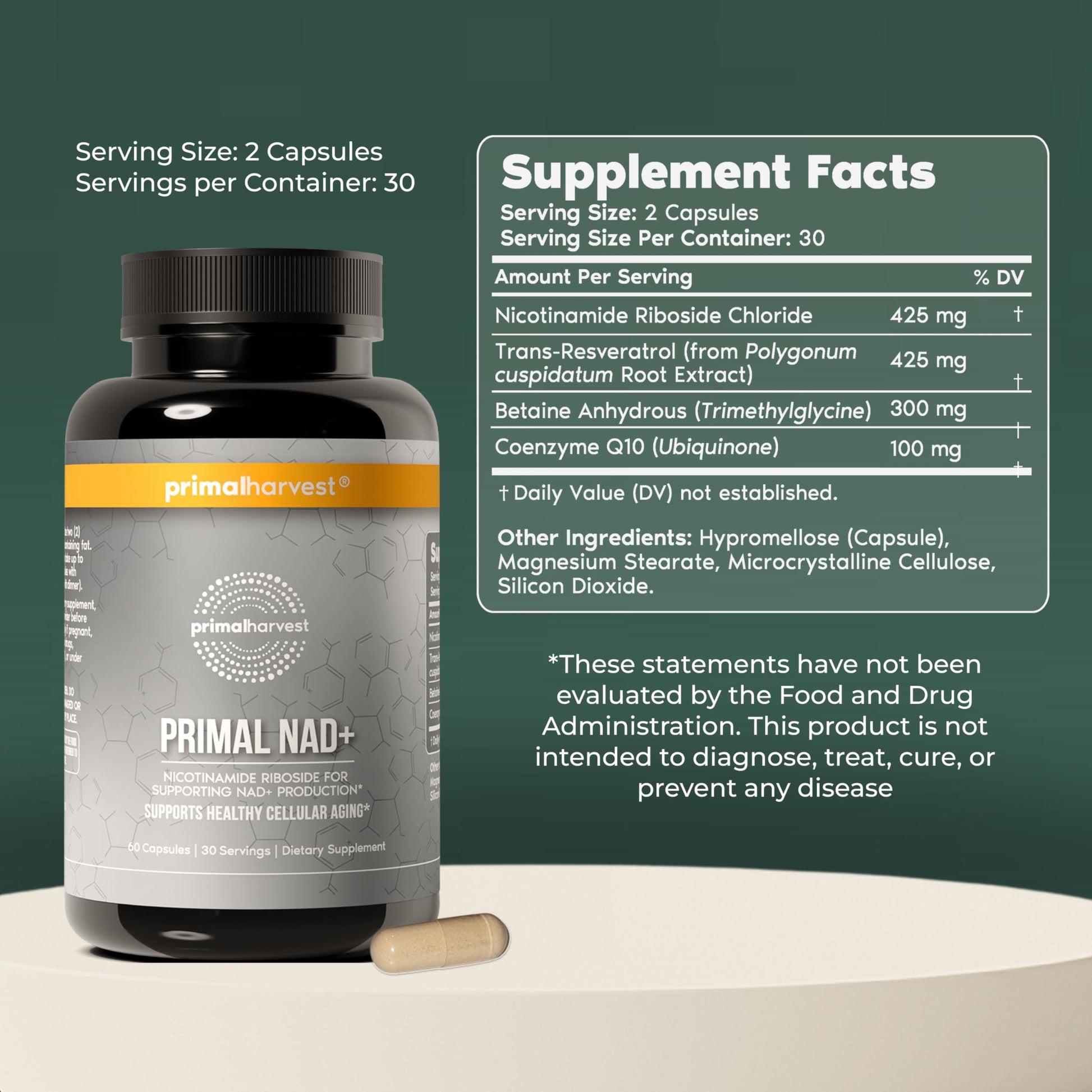 Primal Harvest NAD+ Supplement: Nicotinamide Riboside, Trans-Resveratrol, Betaine, CoQ10, NAD Supplements for Cellular Health, Energy, and Mitochondrial Support Primal Harvest uk supplements