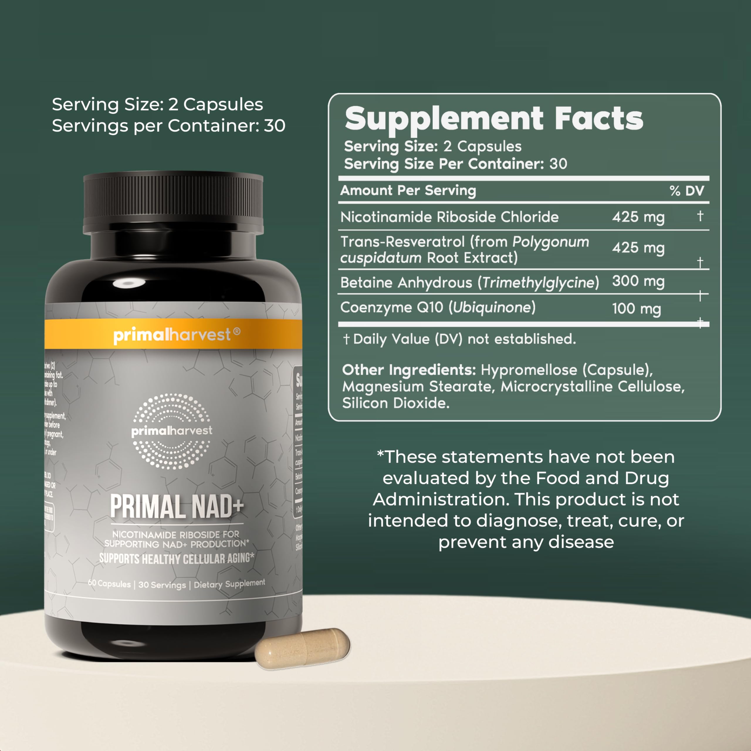 Primal Harvest NAD+ Supplement: Nicotinamide Riboside, Trans-Resveratrol, Betaine, CoQ10, NAD Supplements for Cellular Health, Energy, and Mitochondrial Support Primal Harvest uk supplements