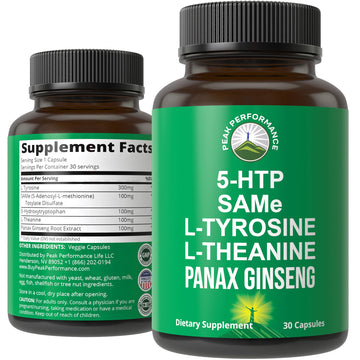 Peak Performance Mood Support Supplement with 5 Top Ingredients: 5HTP, SAM e, L Tyrosine, L Theanine, and Panax Ginseng. Calm, Focus, Relaxation Supplements. Vegan Peak Performance uk supplements