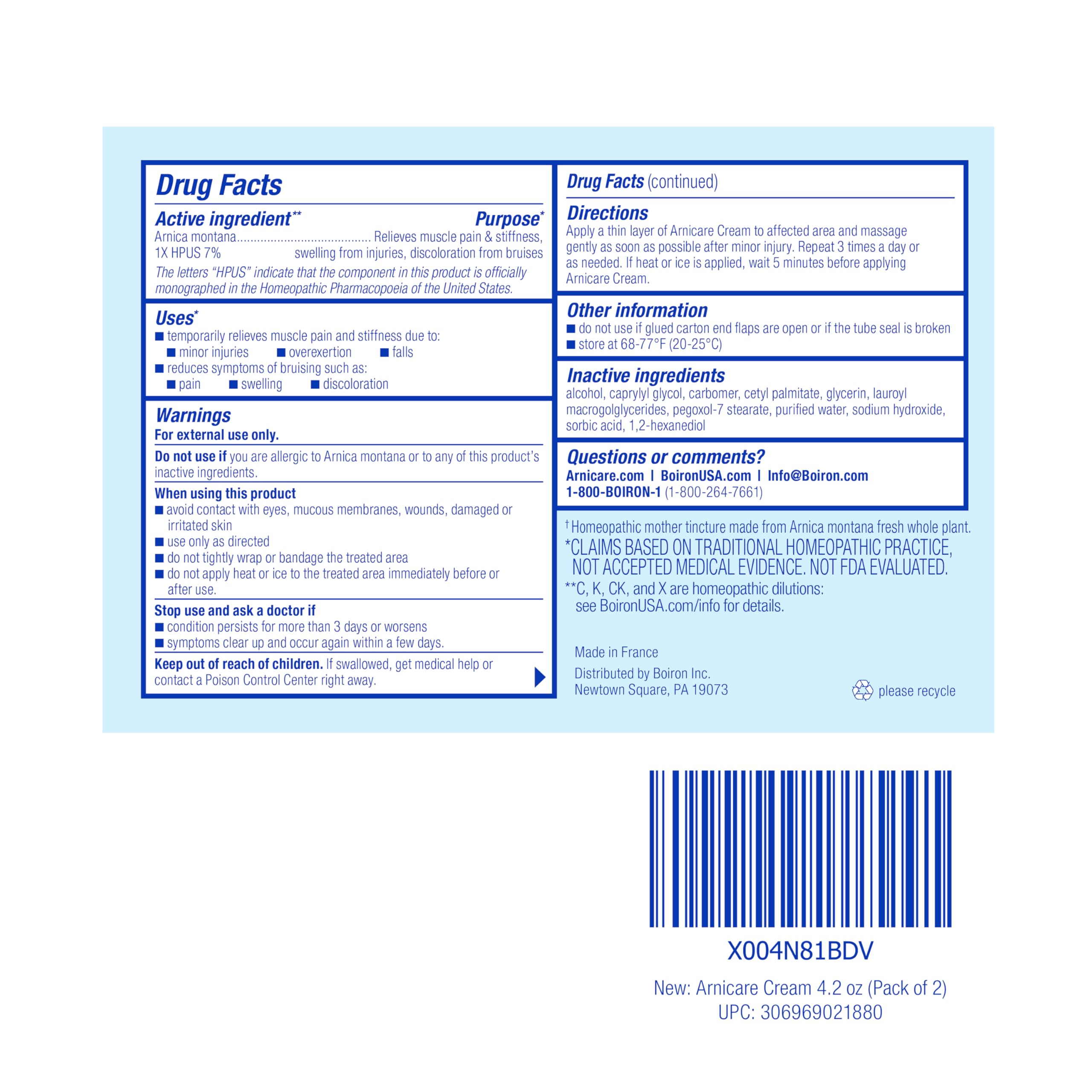 Boiron Arnicare Cream 4.2 oz (Twin Pack) for Joint Pain, Muscle Pain Relief, Swelling, Soreness, Stiffness, and Bruises - Fast Absorbing and Fragrance-Free Arnica Boiron uk supplements