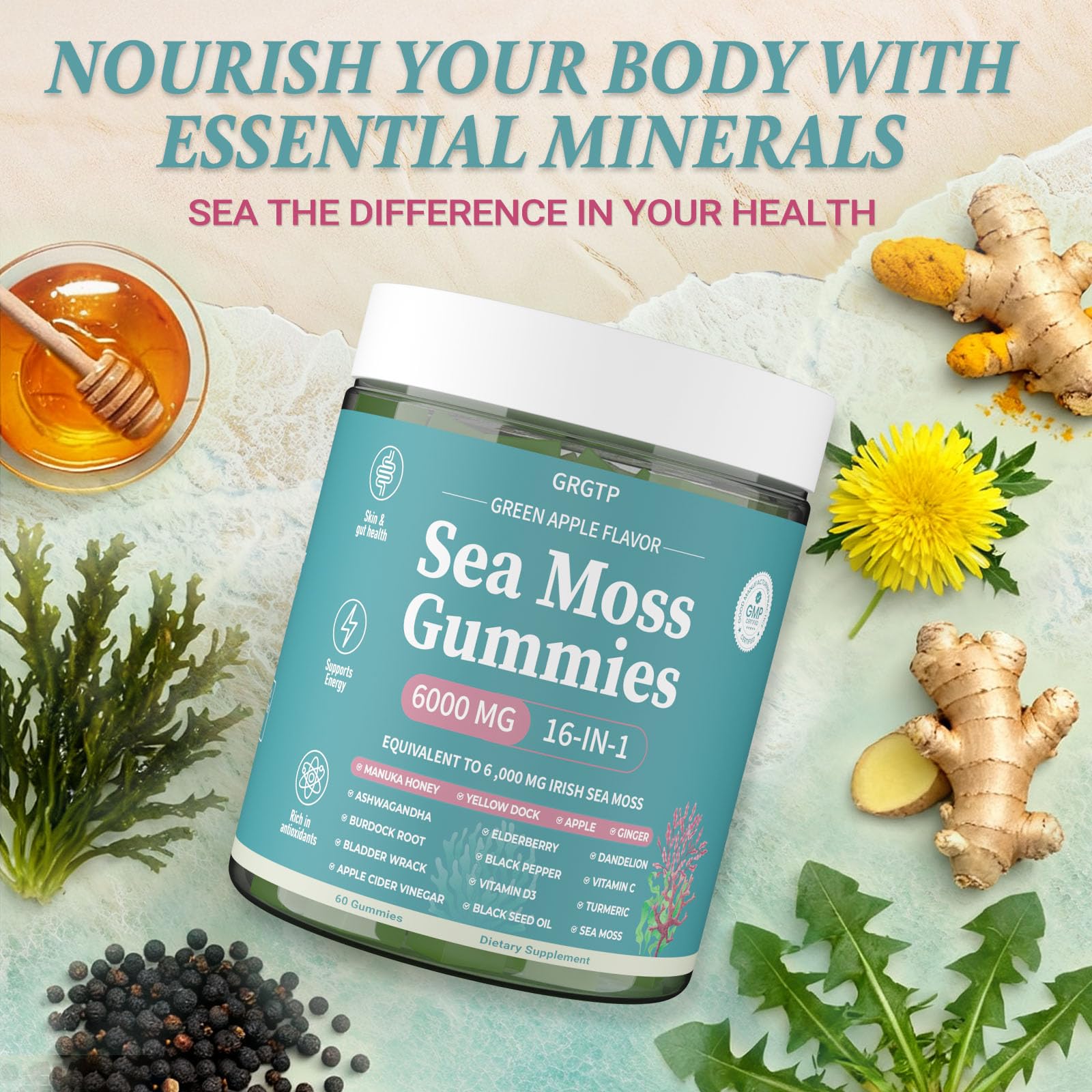 Sea Moss Gummies 16-in-1 - Ashwagandha Black Seed Oil Bladder Wrack Turmeric Vitamin C & D3 with Manuka Burdock Root Dandelion Yellow Dock Natural Detox & Liver Health Immune Support, Energy Boost GRGTP uk supplements
