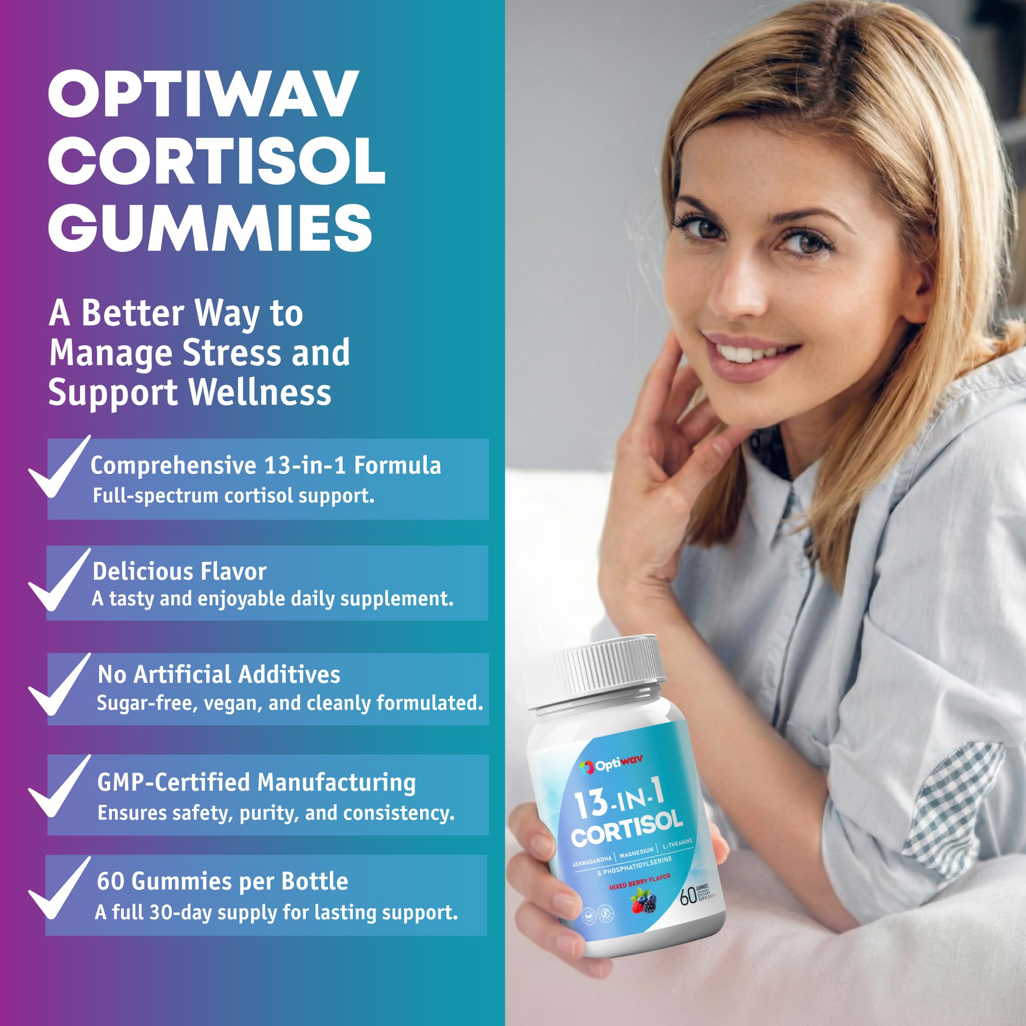 Optiwav Cortisol Reducer Gummies for Women Men - 13-in-1 Daily Cortisol Detox Manager Supports Stress Mood Balance Focus & Health Balance - Reduce High Cortisol with Ashwagandha Magnesium L-Theanine Optiwav uk supplements