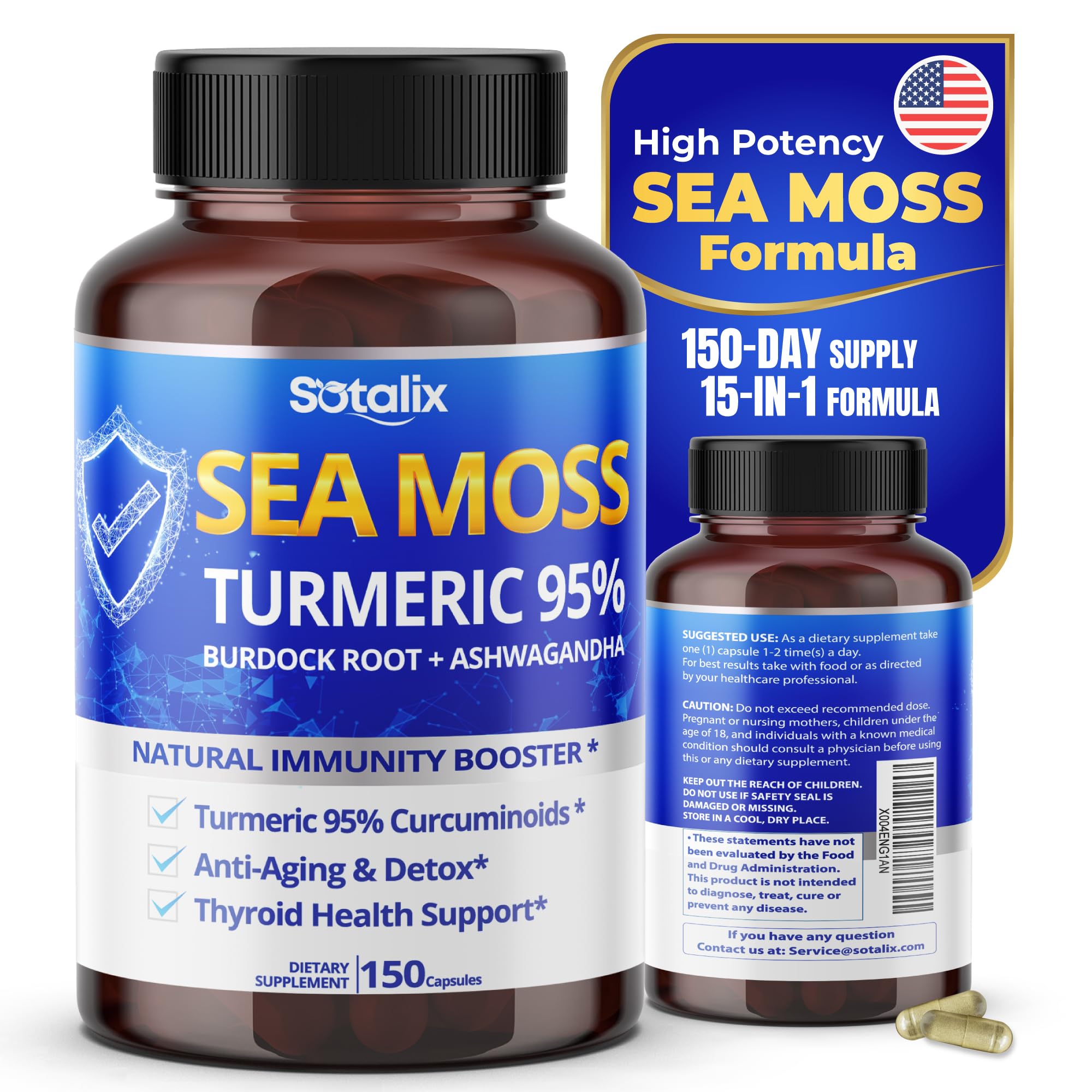Sotalix Sea Moss Capsule with Ashwagandha, Burdock Root, Bladderwrack, Turmeric - Powerful Natural Immunity Booster (150 Count (Pack of 1)) SOTALIX SUPPLEMENT uk supplements