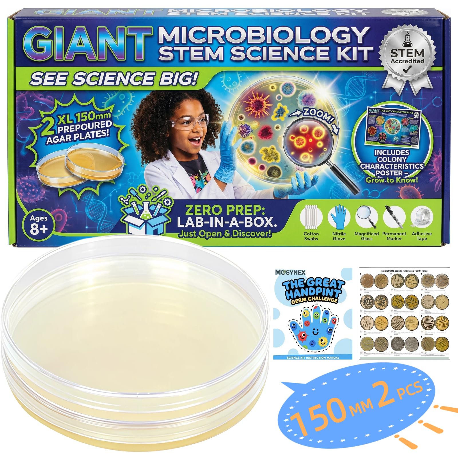 Giant Microbiology Bacteria Science Kit for Kids:2 XL 150mm Prepoured Nutrient Agar Plates, Petri Dishes with Agar & Colony Characteristics Poster for School Projects & Educational Gifts Mosynex uk supplements