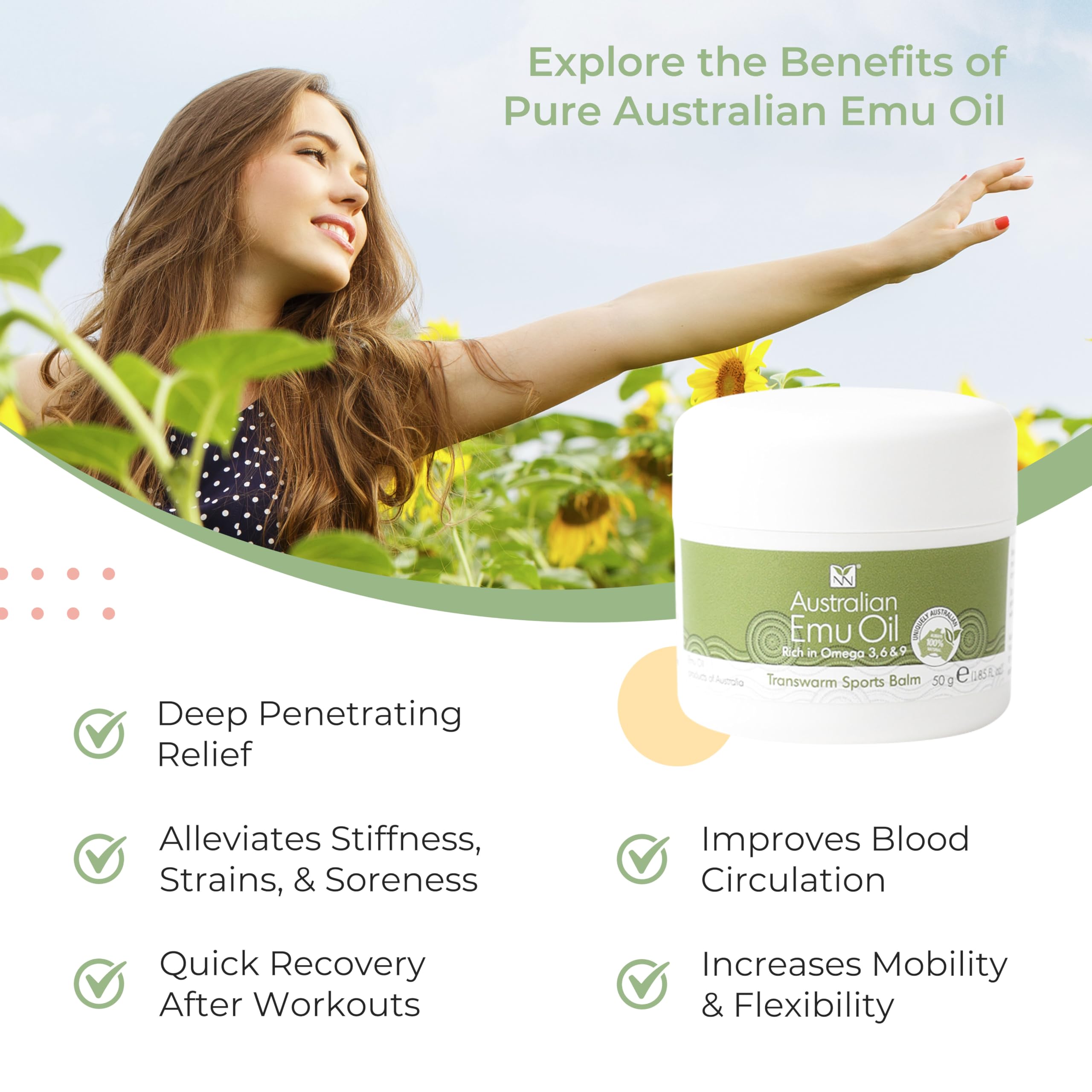 Y Not Natural Transwarm Sports Balm with Pure Emu Oil, Vitamins A, D, E, F & K2, Omega 3 6 9, & Tea Tree Oil Essential Oils - 50g Rub for Joint, Back, Muscle Stiffness & Soothing Itch Relief Y Not Natural uk supplements