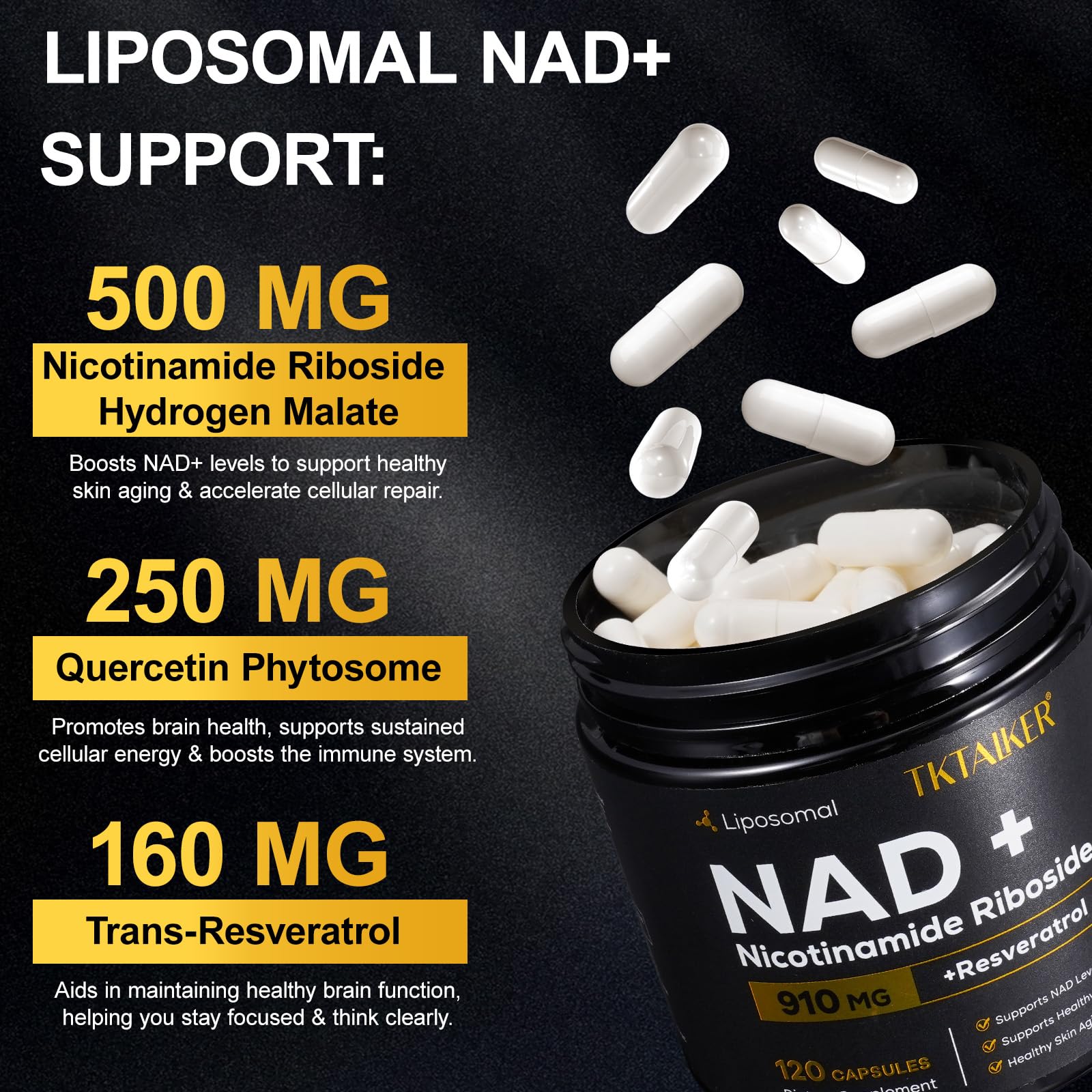 TKTALKER NAD Supplement, 910MG Liposomal Nicotinamide Riboside with Resveratrol & Quercetin, Anti-Aging, Cellular Energy, Mental Focus & Stamina & Healthy, Women & Men, 120 Capsules TKTALKER uk supplements