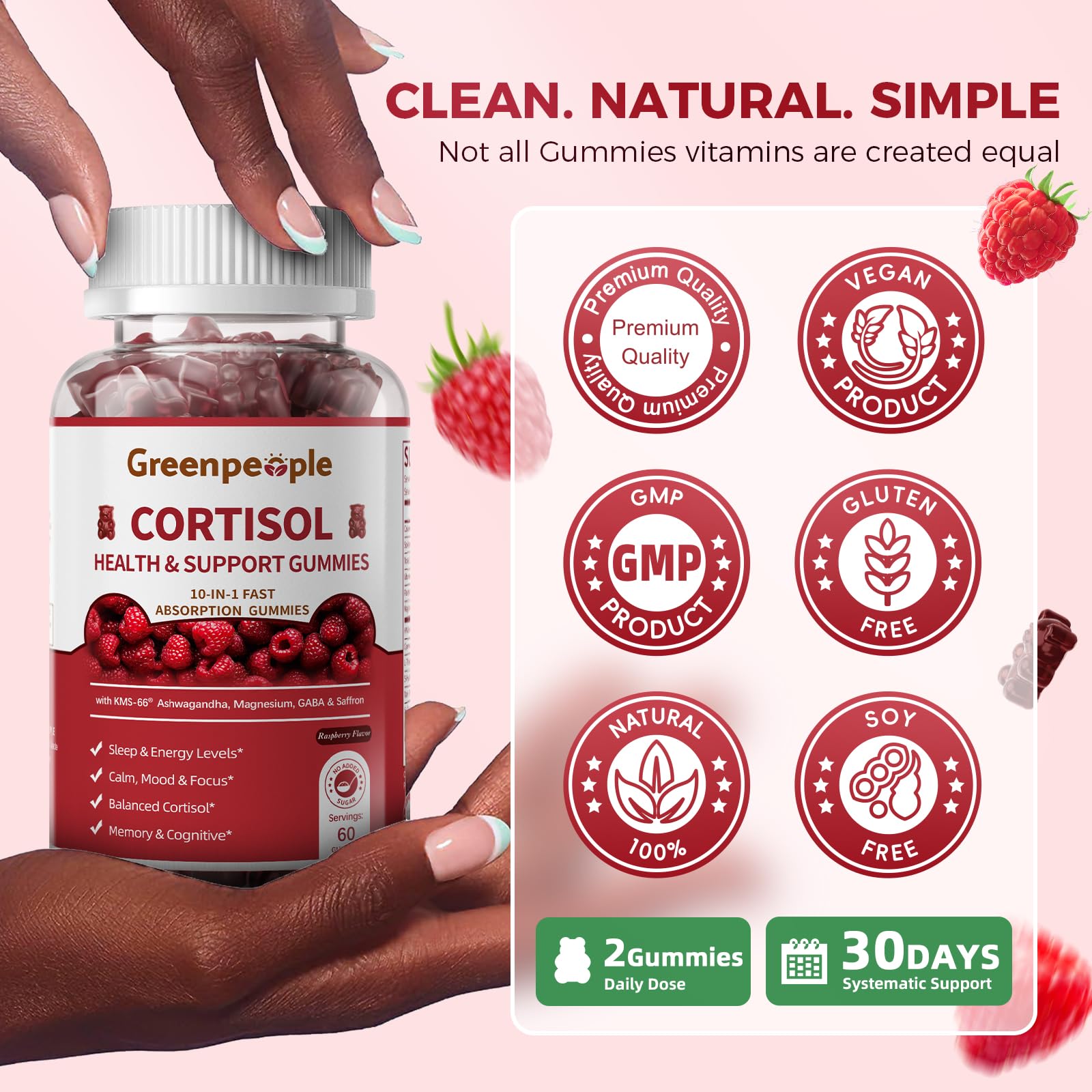GREENPEOPLE Cortisol Supplements for Women & Men - Cortisol Reducer Detox Manager w/KSM-66 Ashwagandha/Magnesium/L-theanine/GABA/Vitamin B6 for Mood/Sleep/Stress Relief 60 CT Raspberry Flavor Gummies GREENPEOPLE uk supplements