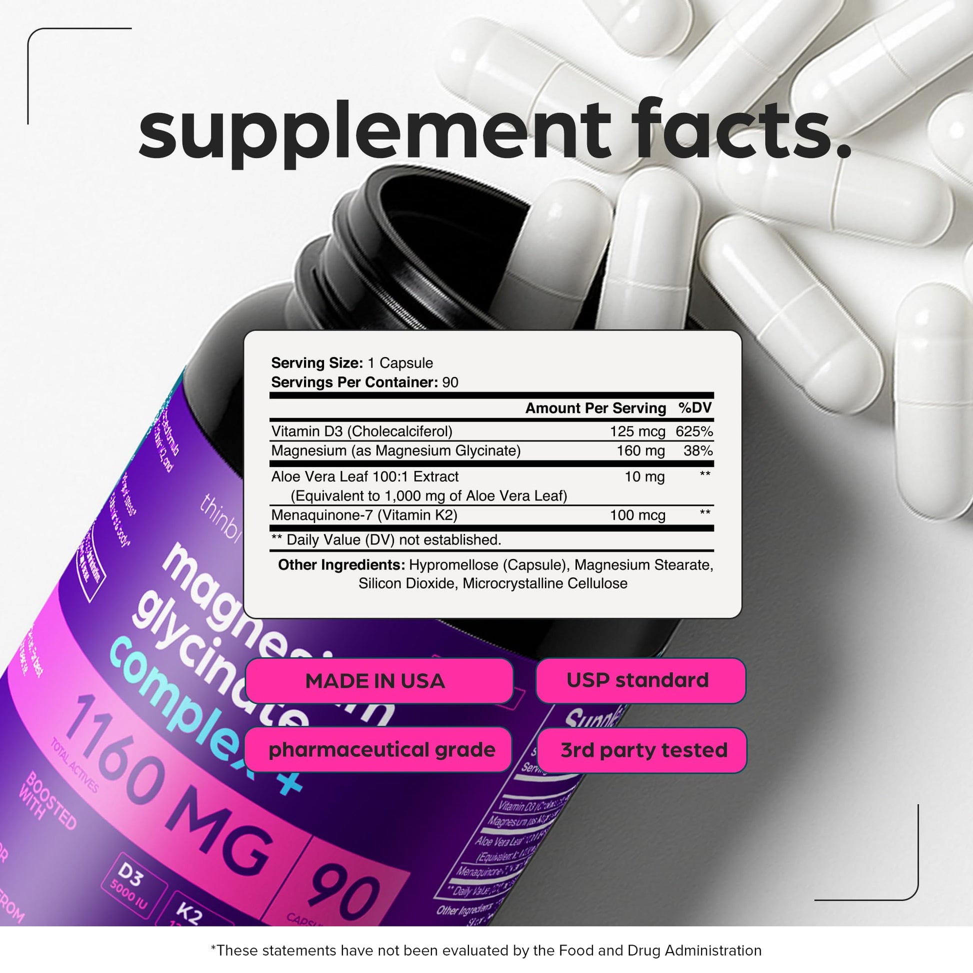 Magnesium Glycinate 1160mg + Aloe Vera, D3 & K2 Complex 90 Capsules - High Absorption, Non-Laxative - Supports, Muscle Function & Healthy Metabolism Chelated Formula Thinbi uk supplements