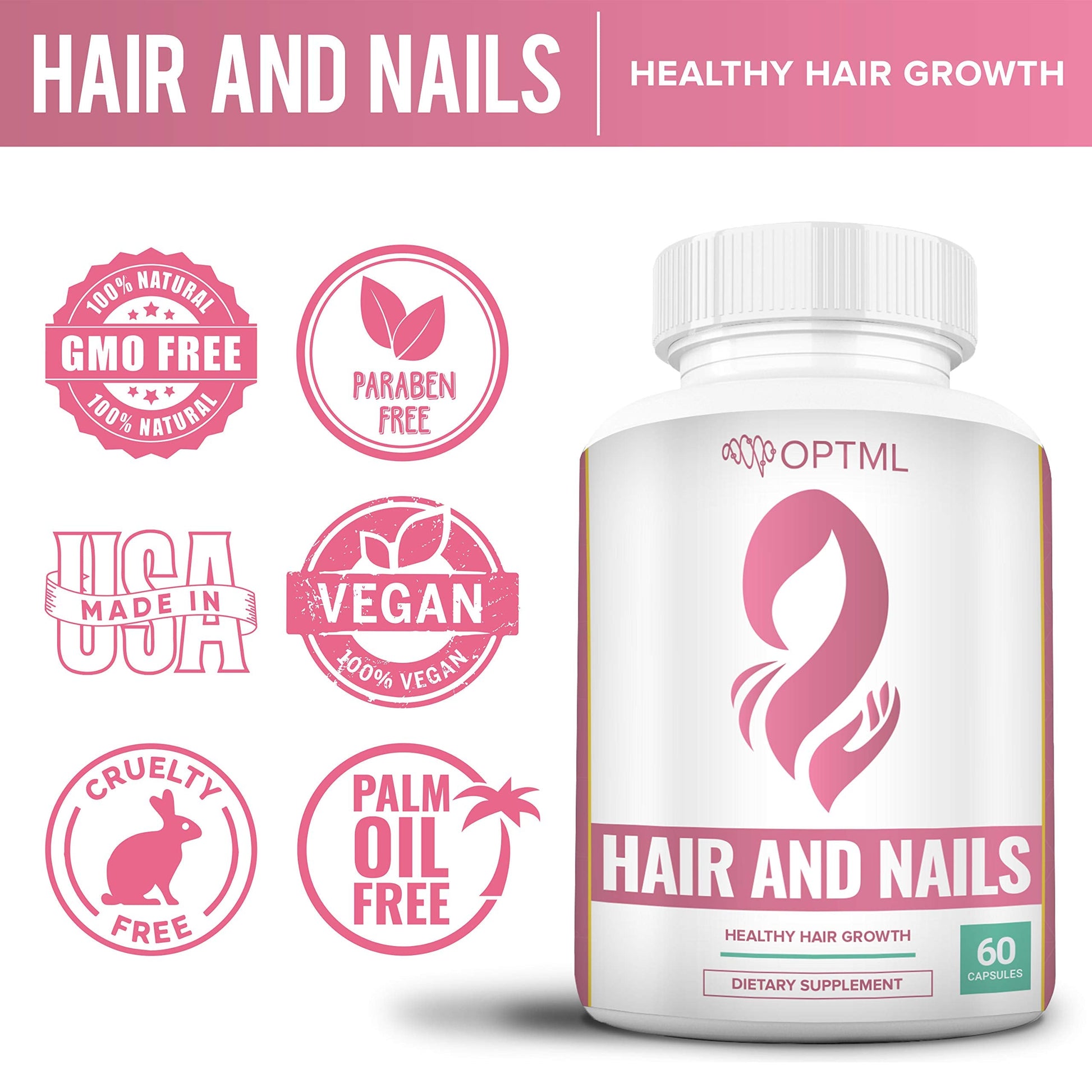 OPTML Hair and Nail Vitamins for Hair Growth and Thickness, Biotin-Infused Hair Pills, Hair Vitamins for Faster Hair Growth and Healthy Nails, for Women and Men, 60 Capsules OPTML uk supplements