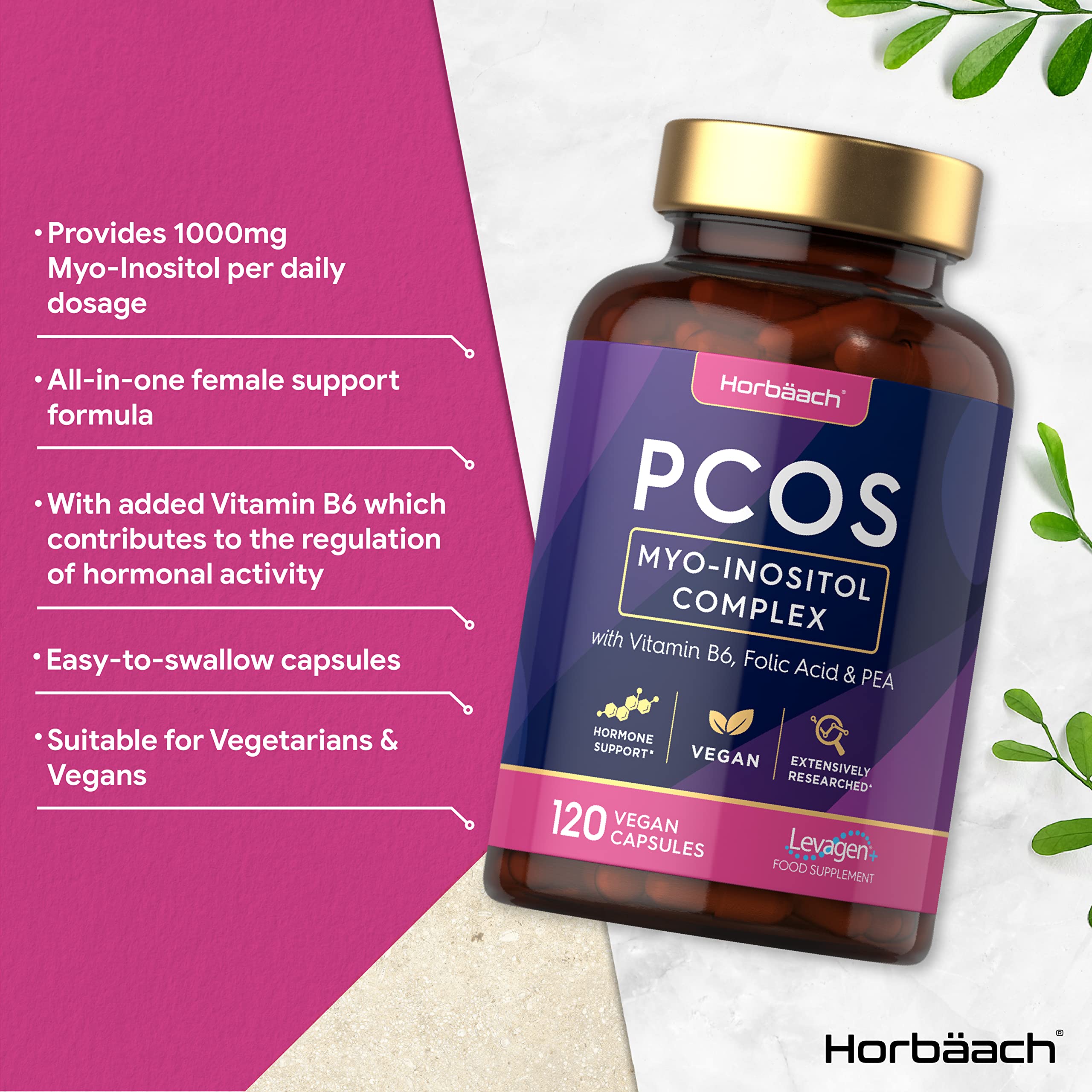 Inositol Supplement for PCOS | 120 Vegan Capsules | Myo-Inositol Complex with Folic Acid Horbäach uk supplements
