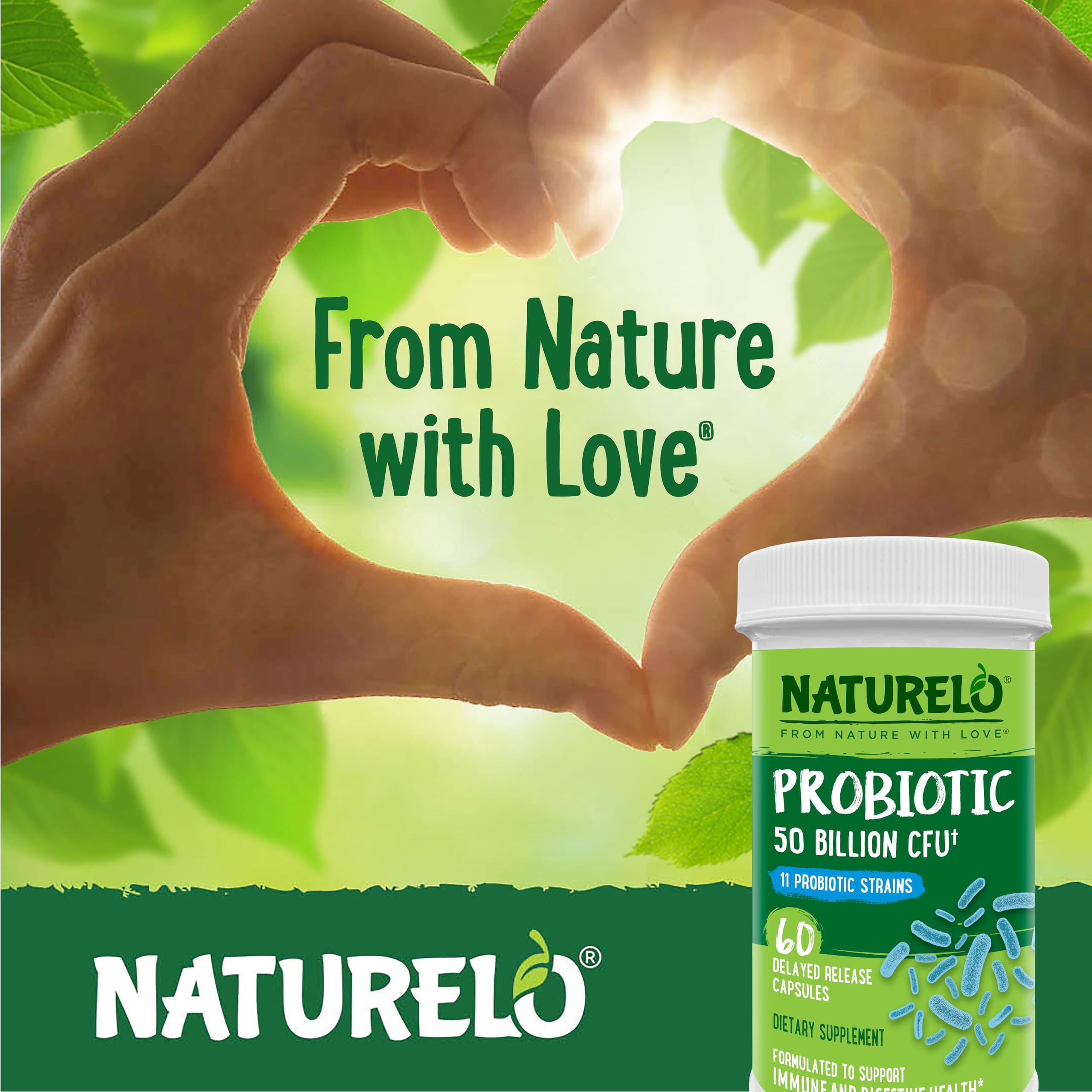 NATURELO Probiotics for Digestive Health, 50 Billion CFU, 60 Vegetarian Capsules, 11 Strains, Daily Use Supplement, Delayed Release, No-Fridge, Boosts Immune System, Probiotics for Women & Men NATURELO uk supplements