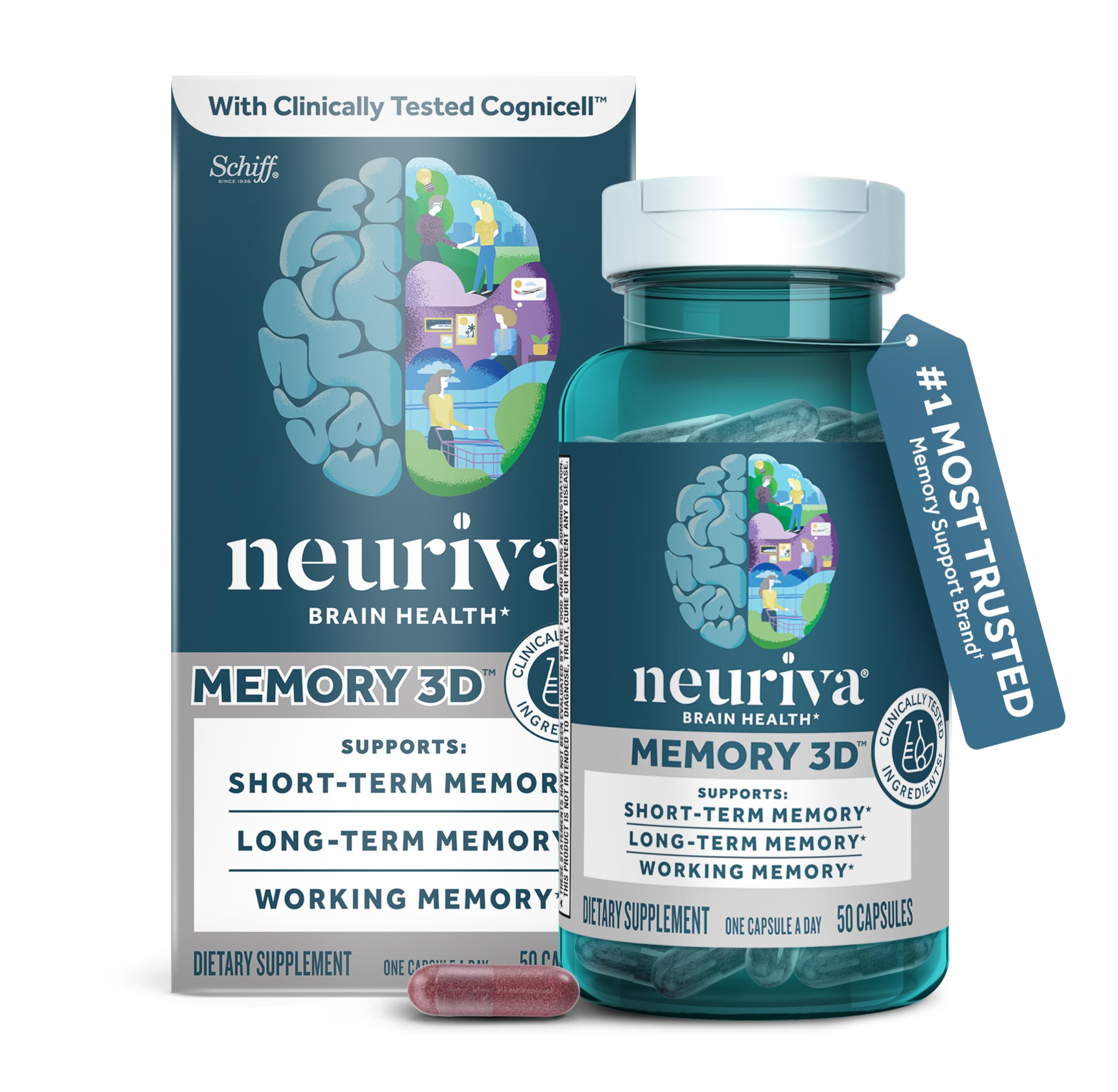 NEURIVA Memory 3D Brain Supplement - Decaffeinated Nootropic Capsules for Memory, Focus, & Cognitive Function - Short Term, Long Term, & Working Memory Support - 50ct NEURIVA uk supplements