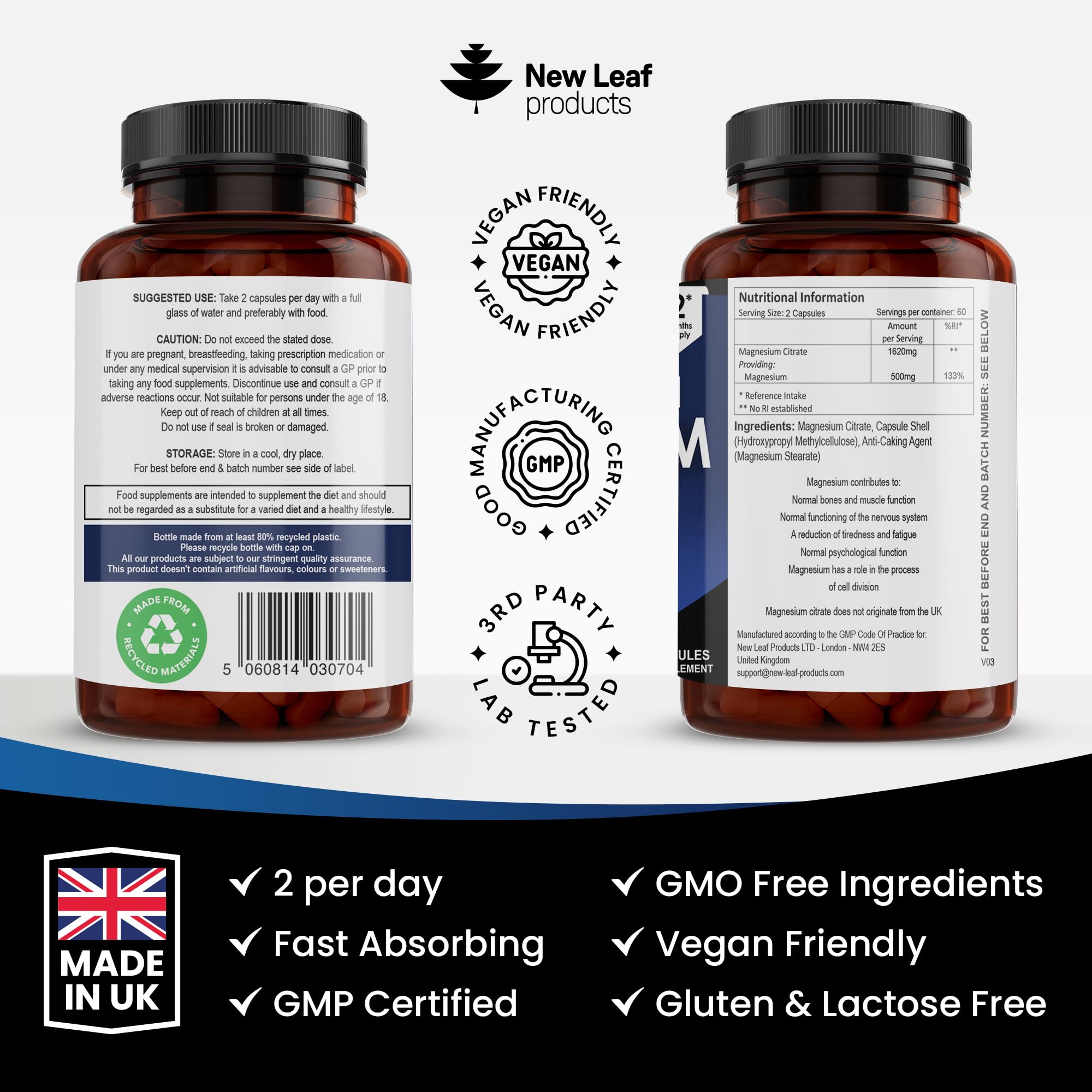 Magnesium Supplements 1620mg - Super Strength - Magnesium Citrate Capsules NEW LEAF PRODUCTS uk supplements