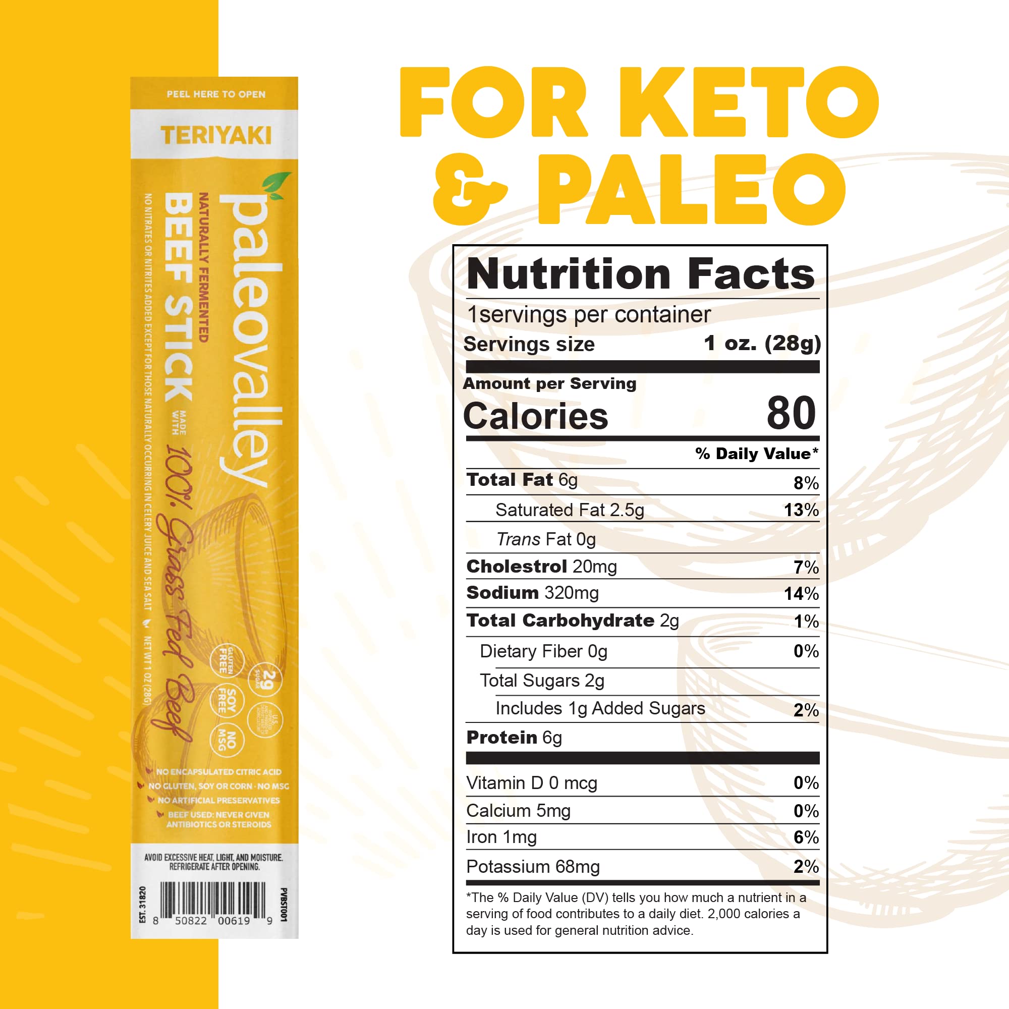 Paleovalley 100% Grass Fed Teriyaki Beef Sticks - Delicious Gluten Free Beef Snack - High Protein Keto Friendly Paleovalley uk supplements