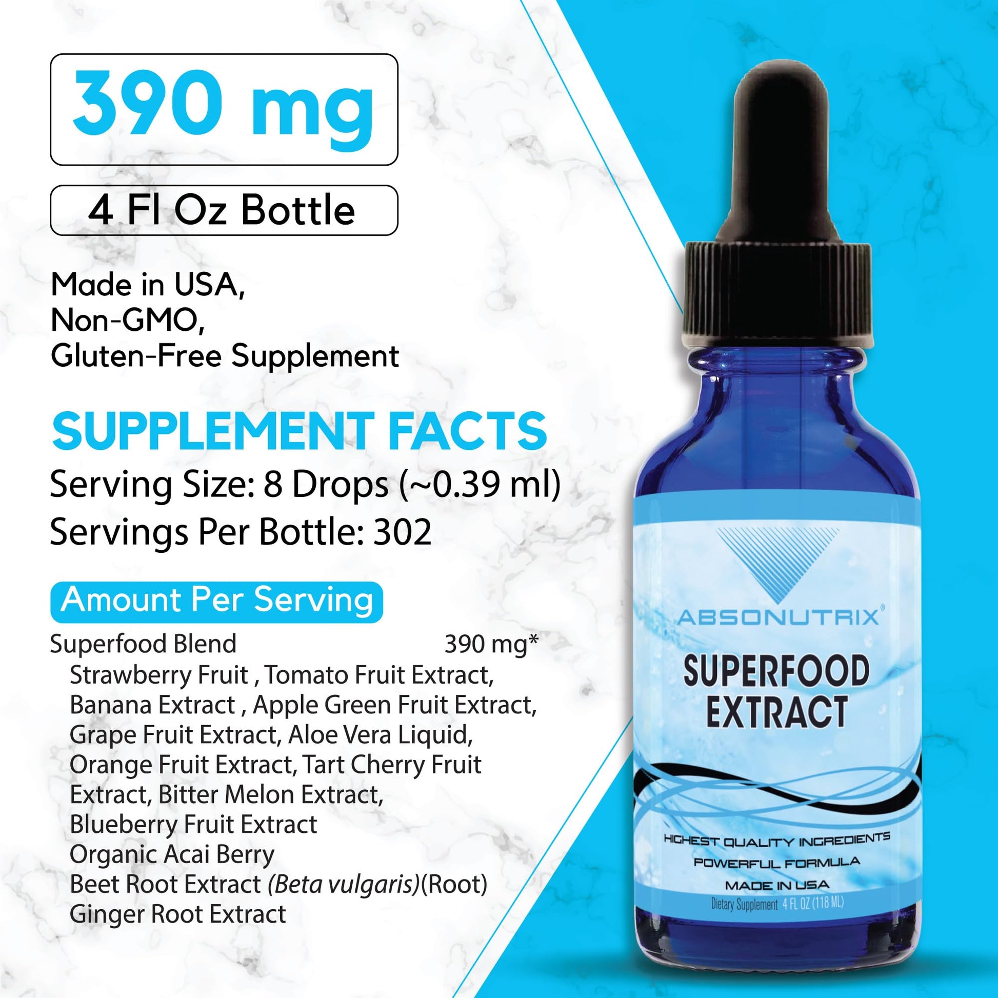 Absonutrix Superfood Extract 390 mg, 4 Oz Liquid, 302 Servings, Made in USA, Quick Absorption, Quality Potent Ingredients, Non-GMO, GMP Certified, Cruelty-Free Products Absonutrix uk supplements