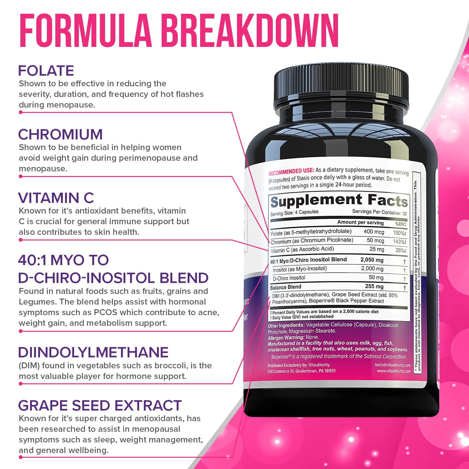 Myo-Inositol D-Chiro Women's Hormone Balance Supplement - 40:1 Myo-Inositol & D-ChiroInositol Blend with DIM for Hormone Balance for Women - Health Vitamins for Skin, Energy, & Cycle Support (1 Month) Vitauthority uk supplements