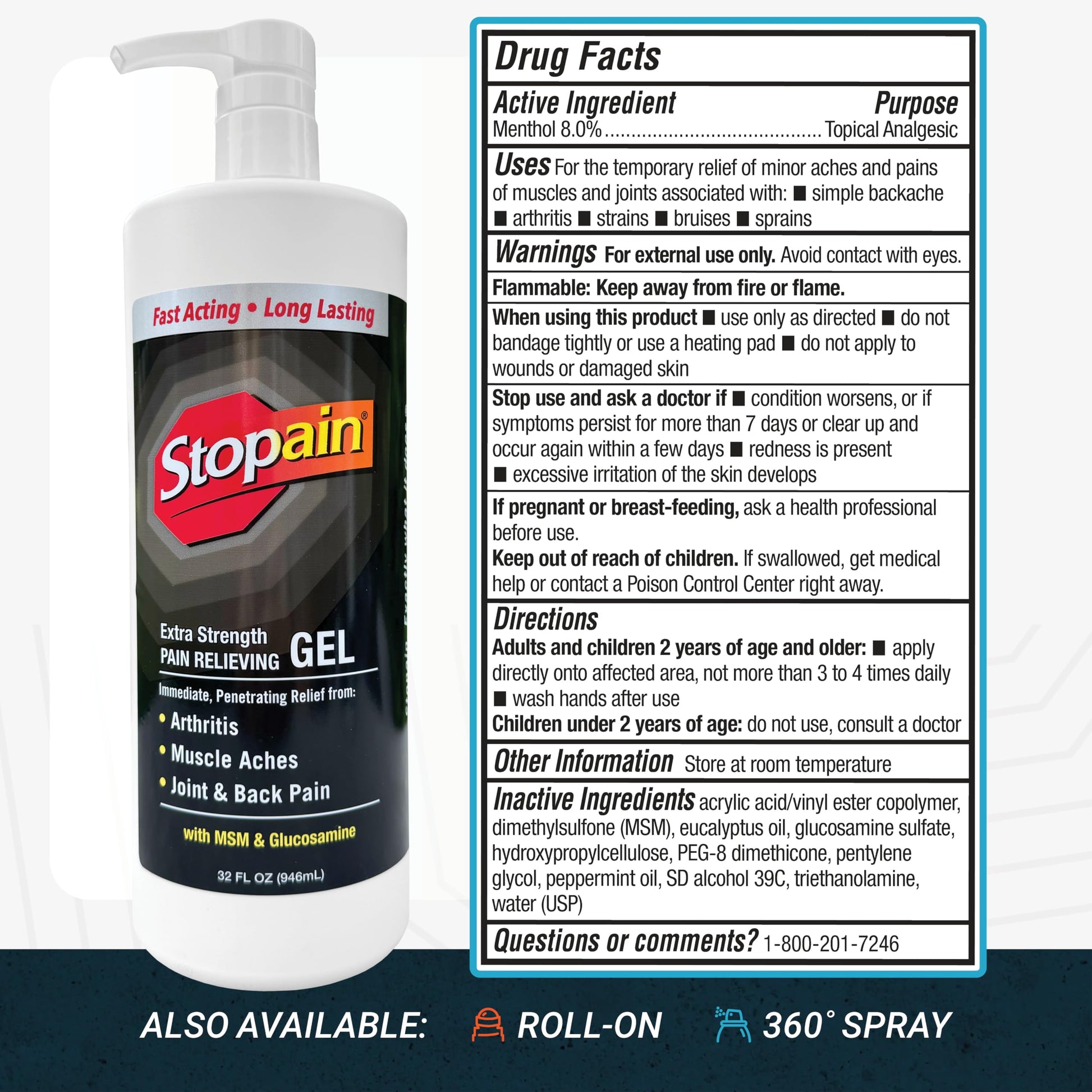 Stopain Pain Relief Gel 32oz, USA Made, Max Strength Fast Acting with Menthol, MSM, Glucosamine for Joint Pain, Back Pain, Arthritis, Knee, Neck Pain, HSA FSA Approved OTC Topical Analgesic Product Stopain uk supplements