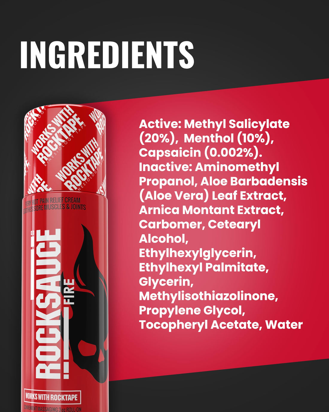 RockSauce Fire, 3 oz Roll-On - Easy to use Pain Relief Cream - Capsaicin & Menthol Formula Relieves Muscle & Joint Pain - Works w/ RockTape - No-Mess Applicator - Dye-Free, Won't Stain Clothes RockTape uk supplements
