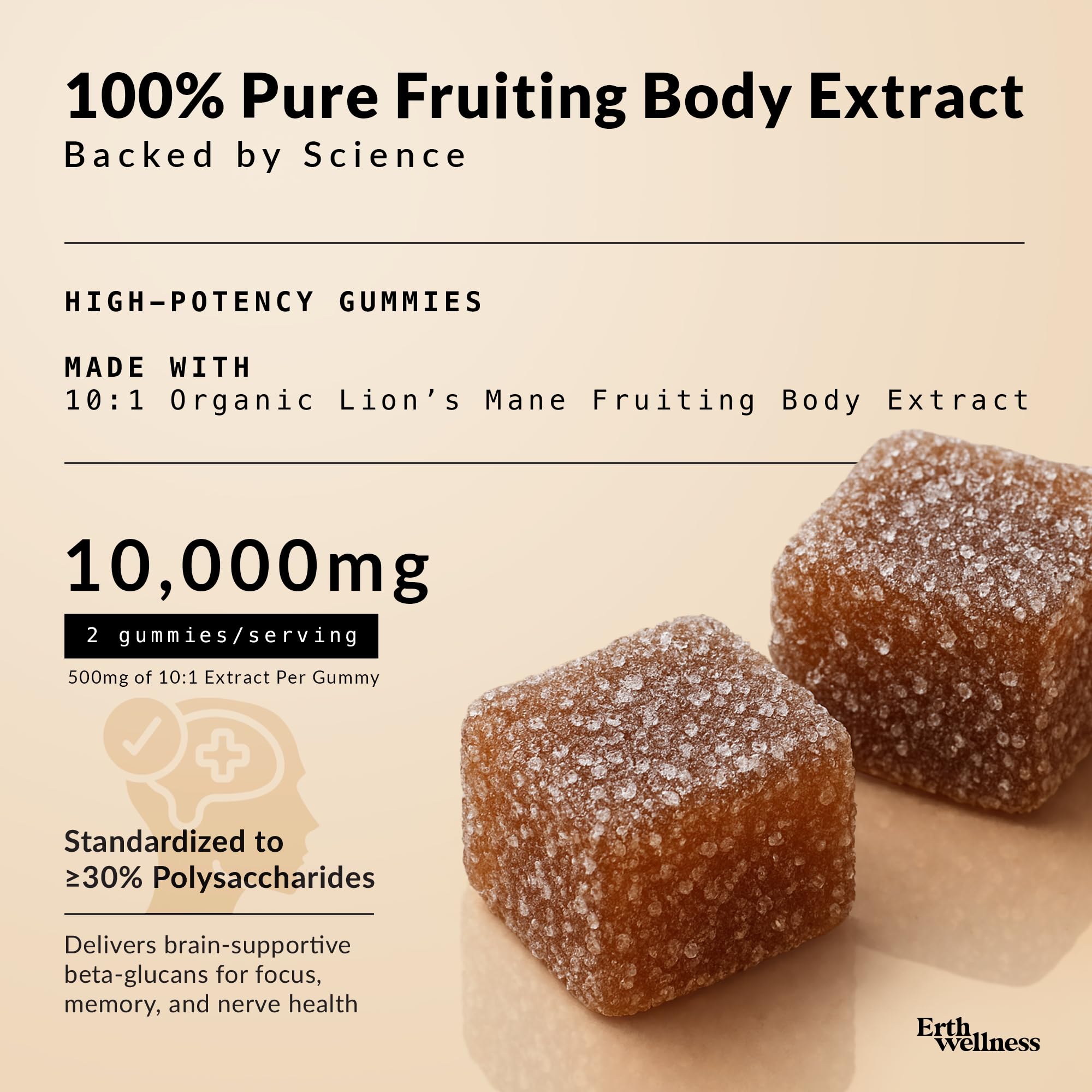 Erth Wellness Lion’s Mane Mushroom Gummies – 10,000mg Fruiting Body Extract per Serving – Brain & Focus Support – Daily Nootropic – Vegan, Low Sugar, Non-GMO – 60 Ct Erth Wellness uk supplements