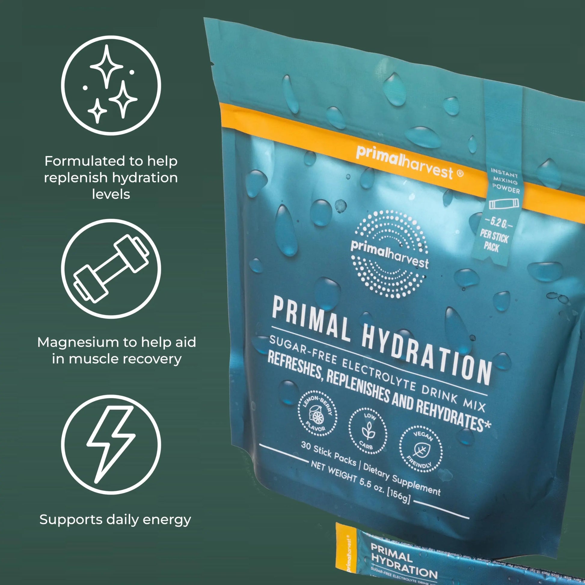 Primal Harvest Electrolytes Powder Packets Primal Hydration, Easy Open Packets, Energy Drink Mix (Lemon Berry, 30 Packs) (1 Bag) Primal Harvest uk supplements