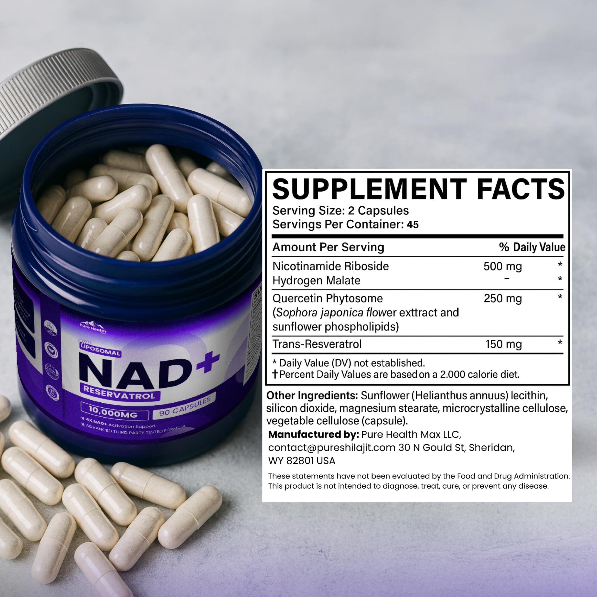 PURE HEALTH MAX PHM NAD Resveratrol Supplement - 10,000MG Extra Strength | NAD+ Liposomal Supplements for Men and Women | NMN & NMNH Alternative | 90 Capsules, 1.5 Months Supply PURE HEALTH MAX uk supplements