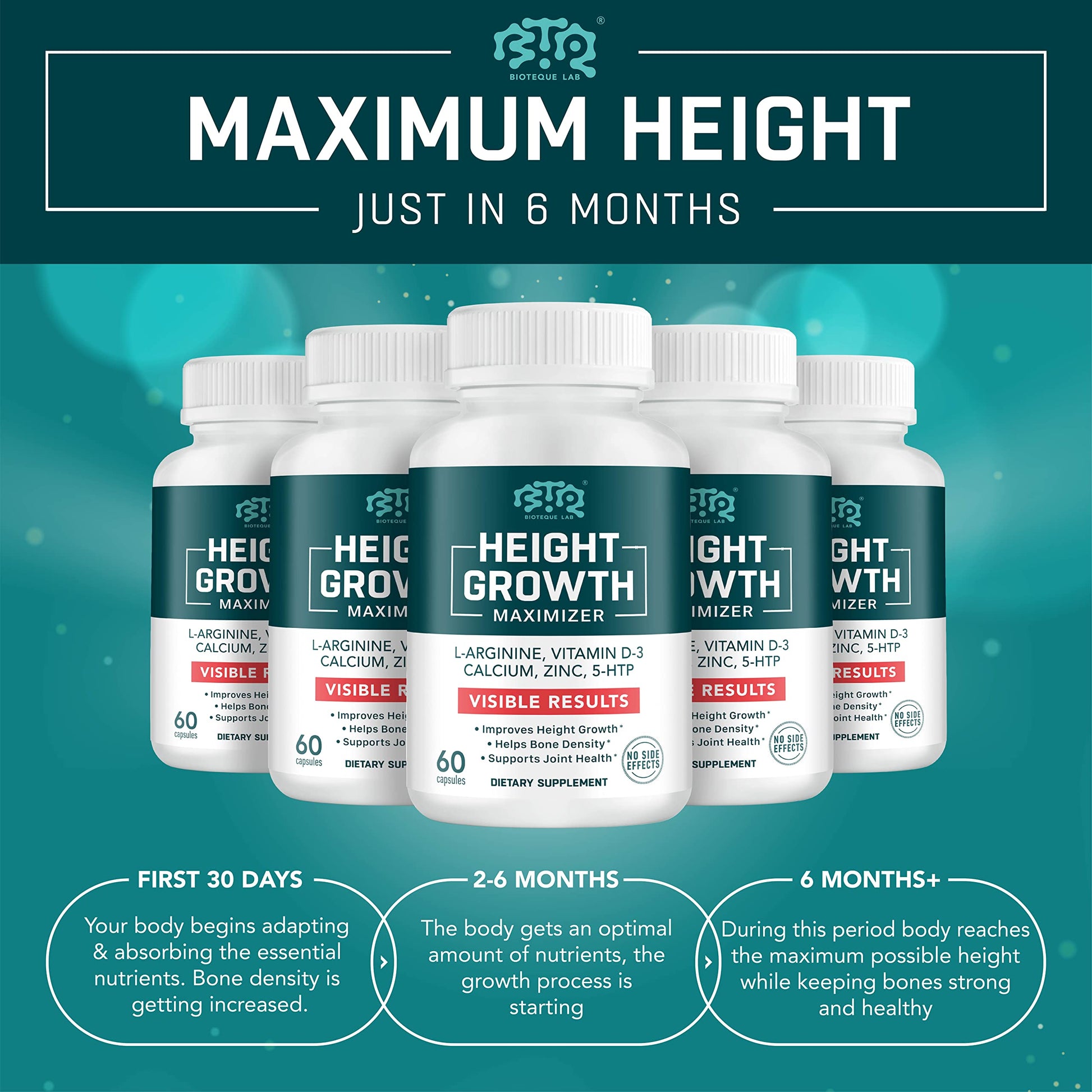 BIOTEQUELAB Height Growth Maximizer, Calcium, Vitamin D3 and Zinc Blend Pills, Bone Growth Supplement for Kids and Teens, Bone Strength, Density Support, GMO-Free, Gluten-Free, Made in USA, 60 Caps BTQ BIOTEQUE LAB uk supplements