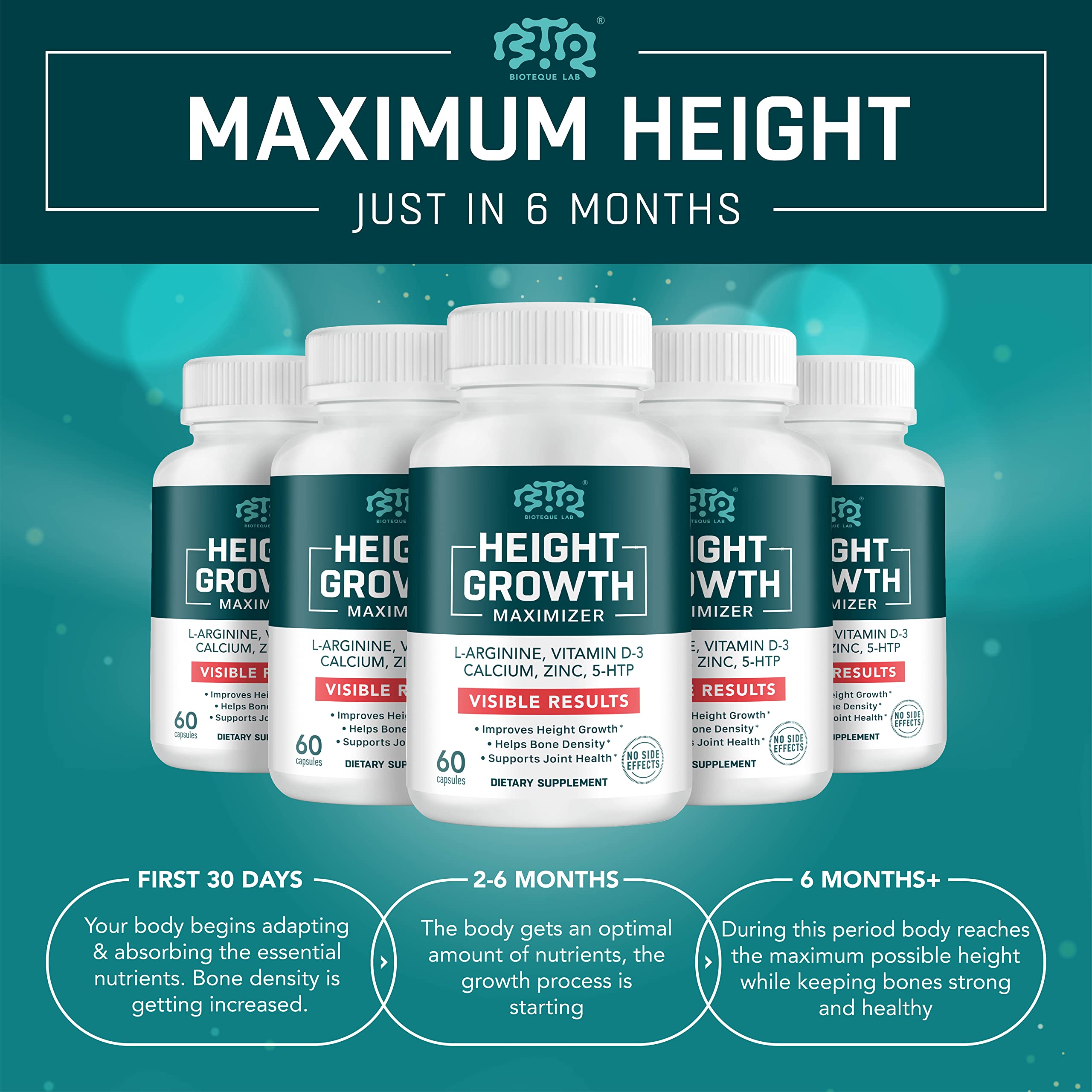 BIOTEQUELAB Height Growth Maximizer, Calcium, Vitamin D3 and Zinc Blend Pills, Bone Growth Supplement for Kids and Teens, Bone Strength, Density Support, GMO-Free, Gluten-Free, Made in USA, 60 Caps BTQ BIOTEQUE LAB uk supplements