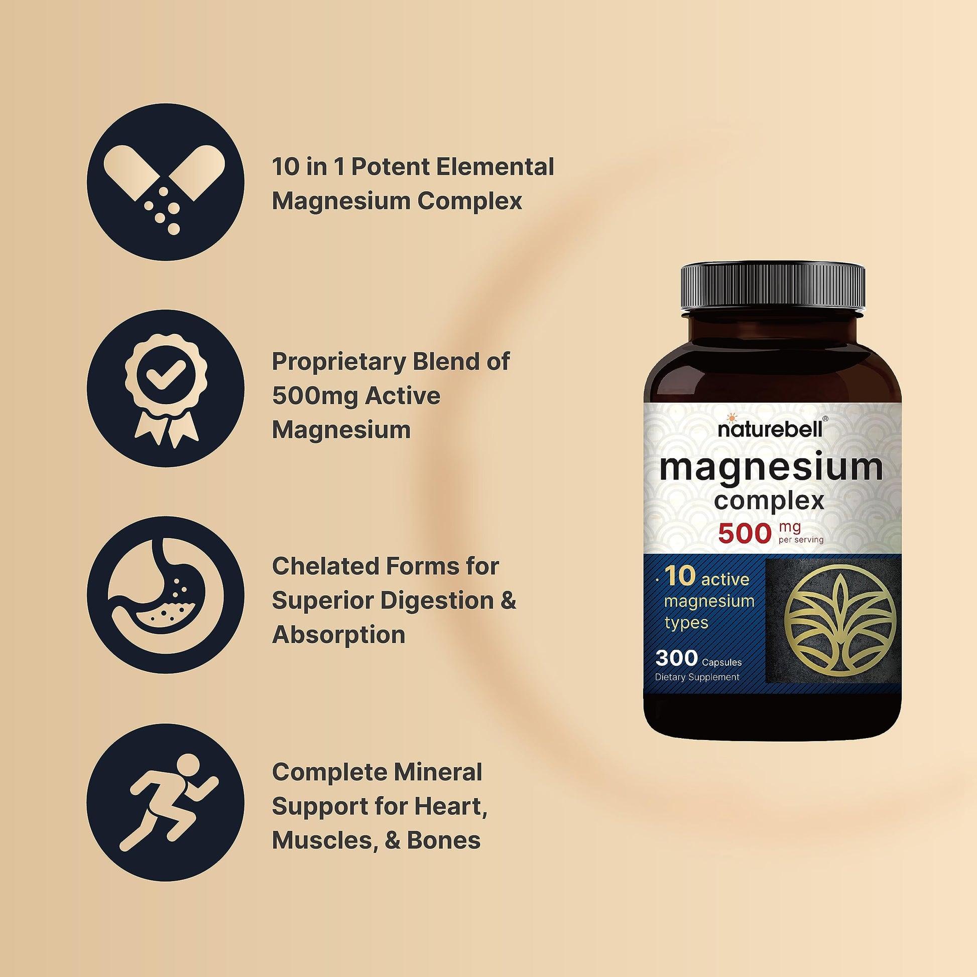 Magnesium Complex Supplement 500mg, 300 Capsules | 10 Active Forms – Glycinate NatureBell uk supplements