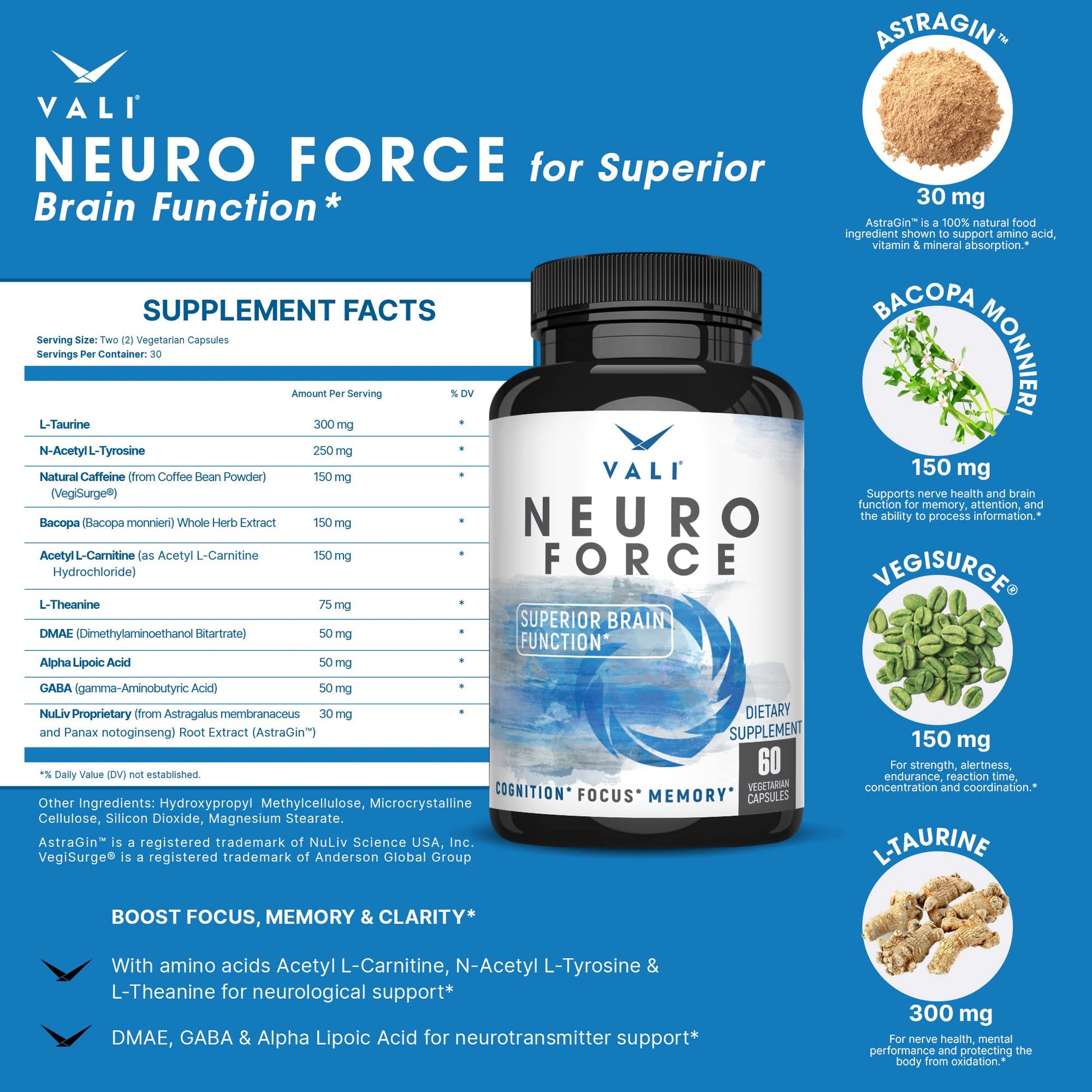 VALI Neuro Force Brain Booster Supplement for Focus, Memory, Clarity & Energy. Extra Strength Nootropic Cognitive Function Support for Mental Performance. with Natural Caffeine. 60 Veggie Capsules VALI uk supplements