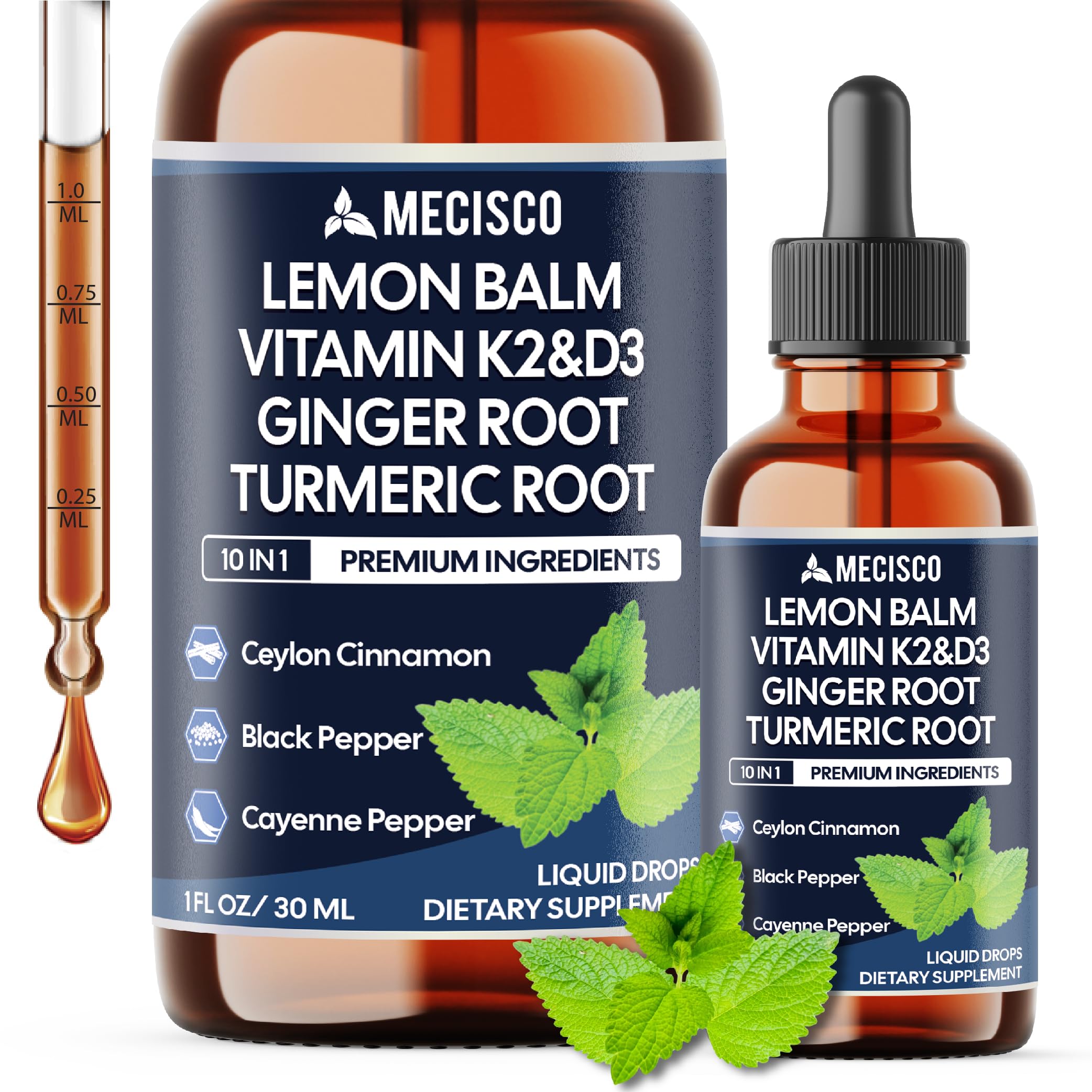 10in1 Lemon Balm Liquid Drops Blend Includes Vitamin D3, Vitamin K2, Lemon Balm, Ginger, Turmeric, Ceylon Cinnamon, Black Pepper, Cayenne Pepper, Berberine, Valerian Root - 1 FL Oz - 2 Month Supply Mecisco uk supplements