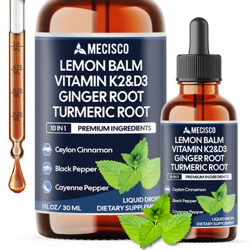 10in1 Lemon Balm Liquid Drops Blend Includes Vitamin D3, Vitamin K2, Lemon Balm, Ginger, Turmeric, Ceylon Cinnamon, Black Pepper, Cayenne Pepper, Berberine, Valerian Root - 1 FL Oz - 2 Month Supply Mecisco uk supplements