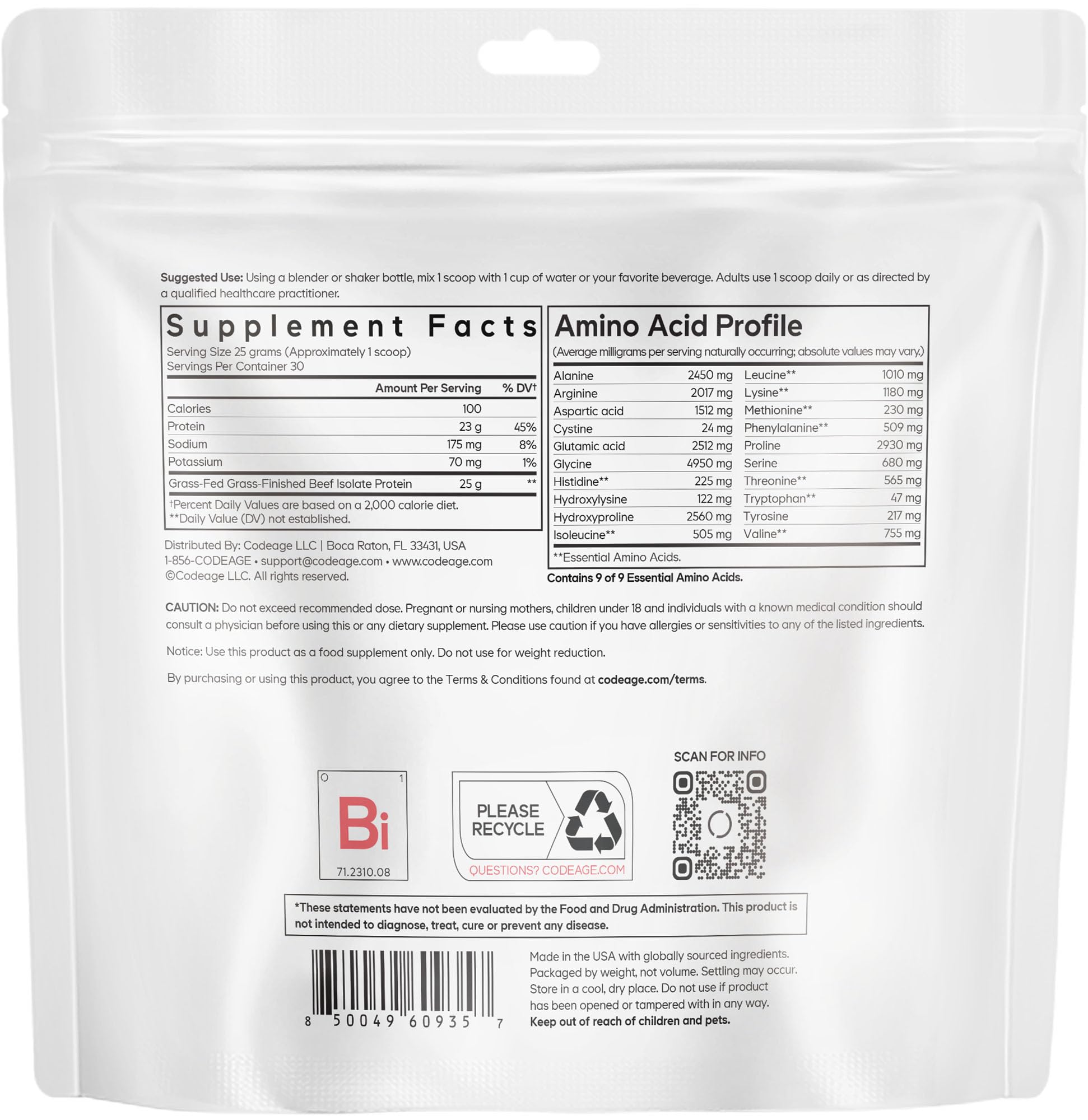 Codeage Grass-Fed Beef Isolate Protein Powder Supplement - 20 Amino Acids, Collagen-Rich - Athletes & Sports - Unflavored Carnivore Protein Supplement, BCAA & EAA - Gluten-Free - 26.45 oz Codeage uk supplements