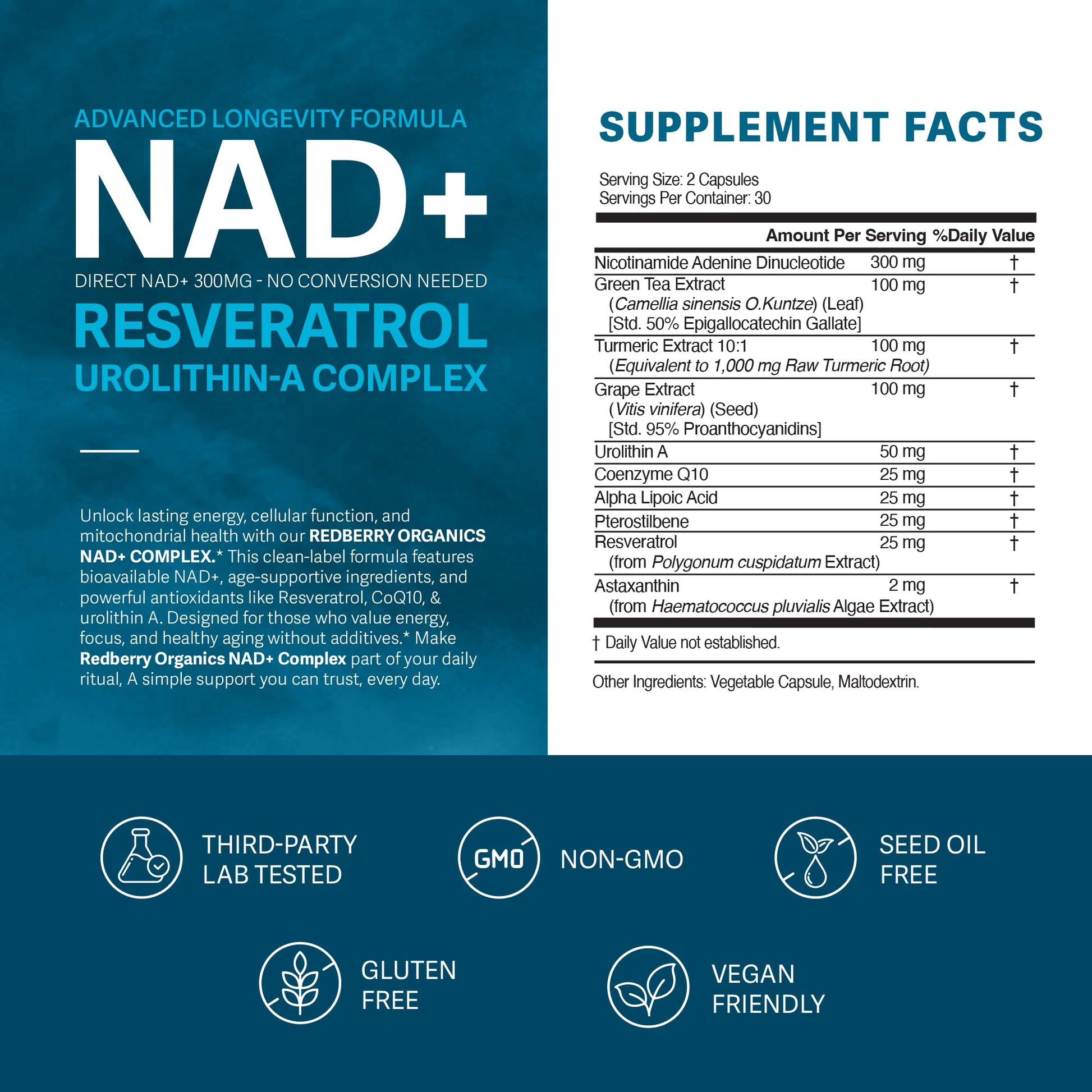 NAD Supplement with Direct NAD+ 300mg (NAD Plus) | Advanced Longevity Complex with Urolithin A & Resveratrol | NMN Alternative | 60 Capsules | Non-GMO, Gluten Free | Made in USA Redberry Organics uk supplements