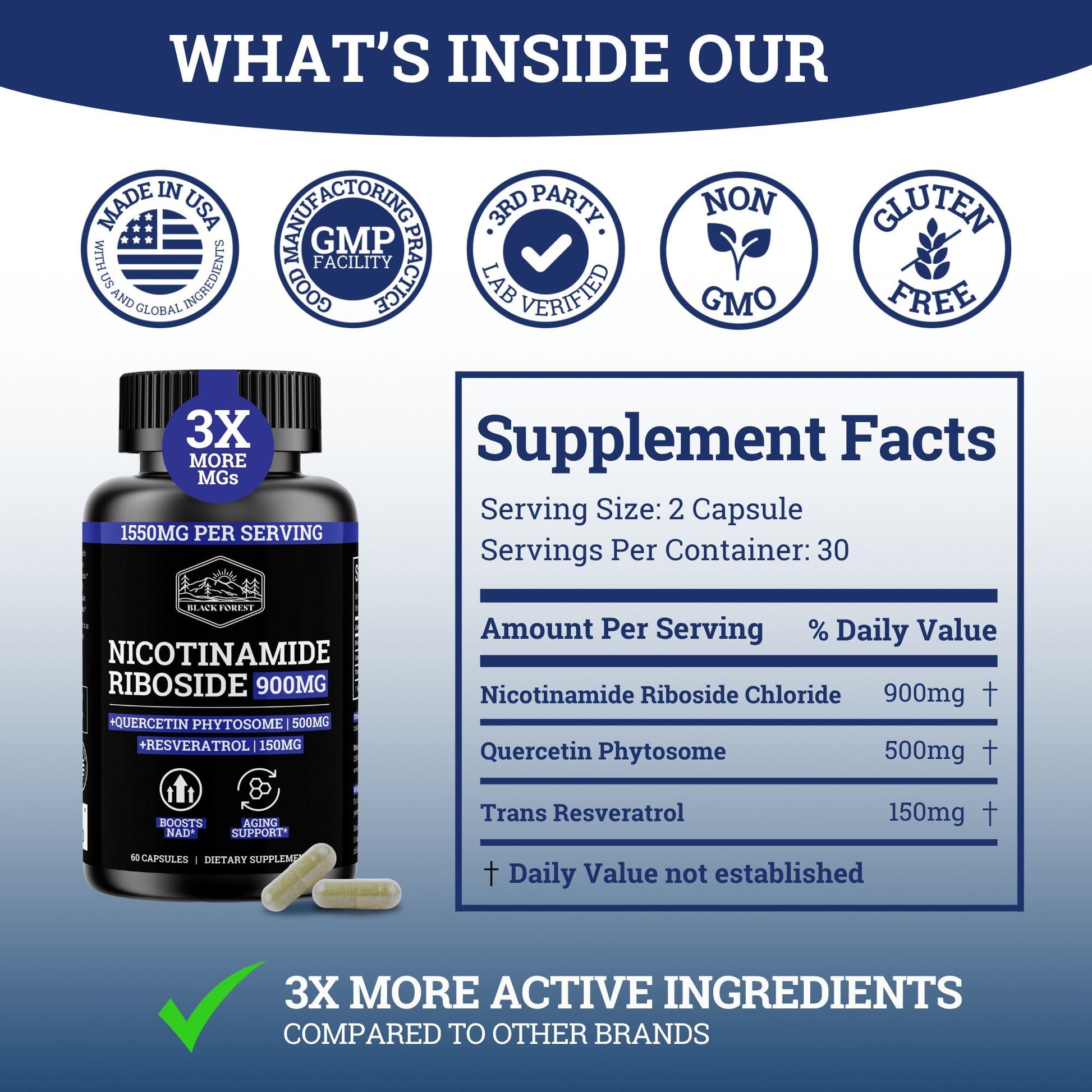 Black Forest NAD Nicotinamide Riboside 900 mg (Liposomal Nicotinamide Riboside 900mg Resveratrol, Quercetin 500mg & 150mg of NAD Resveratrol Supplement) 1550 MGS NR Supplement 900mg NAD+ Black Forest uk supplements