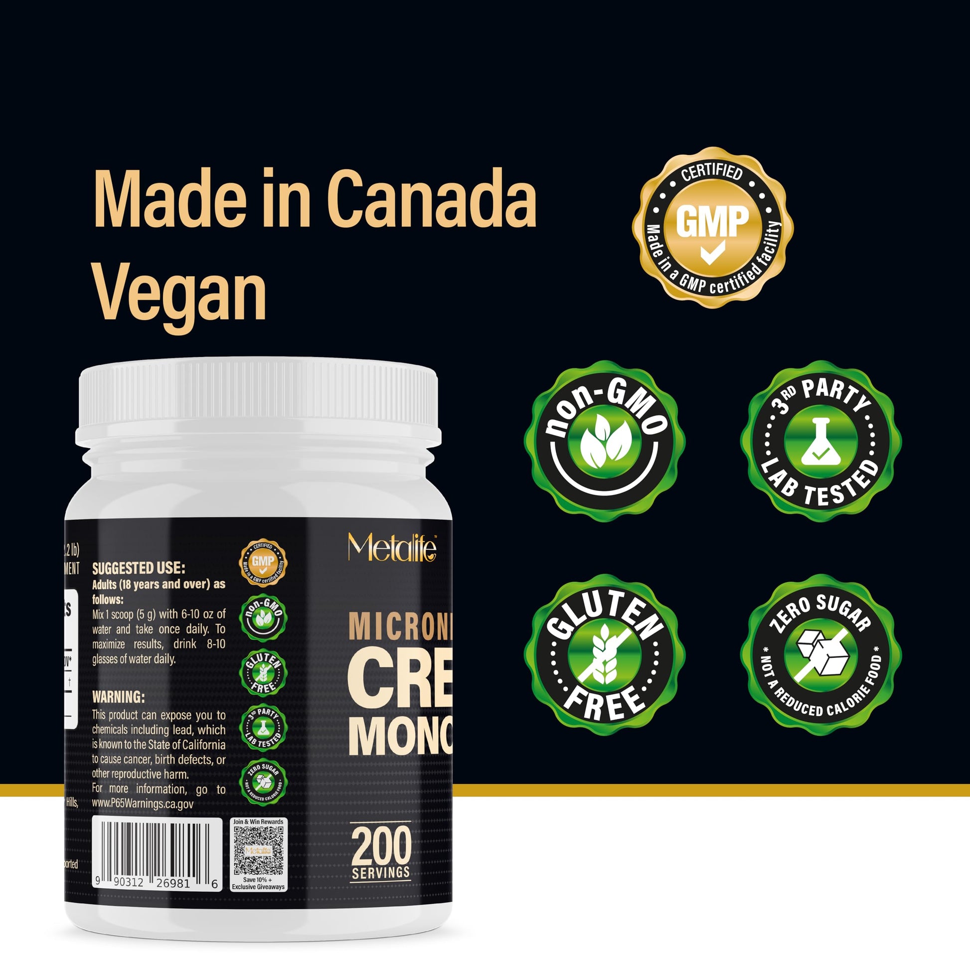 METALIFE 100% Pure Creatine Monohydrate Powder, Canada-Made, 1000 g (200 Servings) Micronized Powder, Muscle Growth, Unflavored, Ideal for Athletes & Fitness Enthusiasts, Third party lab tested, Vegan METALIFE uk supplements