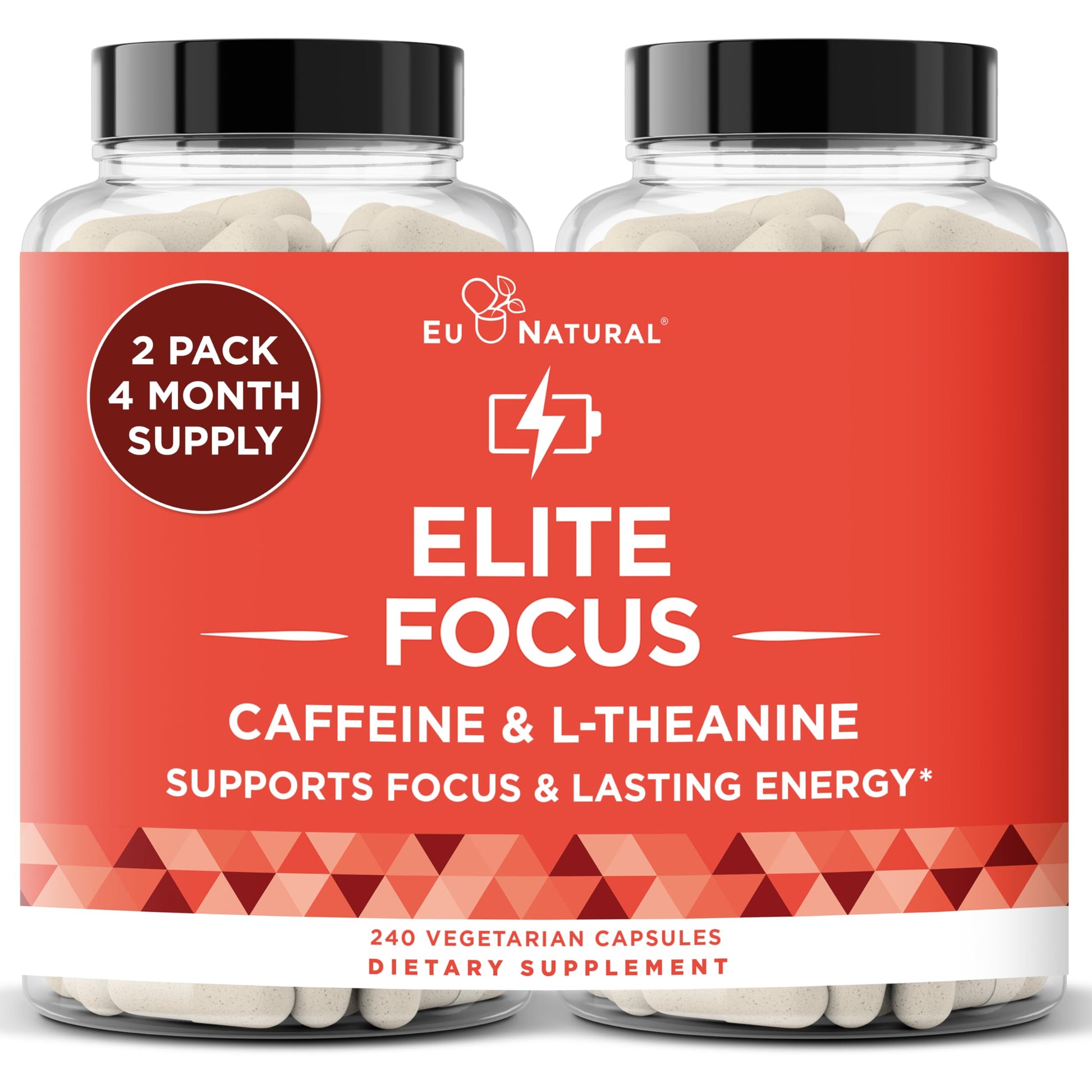 Eu Natural Elite Caffeine Pills with L-Theanine - 100mg Caffeine + 200mg L-Theanine - Jitter-Free Focused Energy & Clean Nootropic Stack - 240 Soft Capsules Eu Natural uk supplements