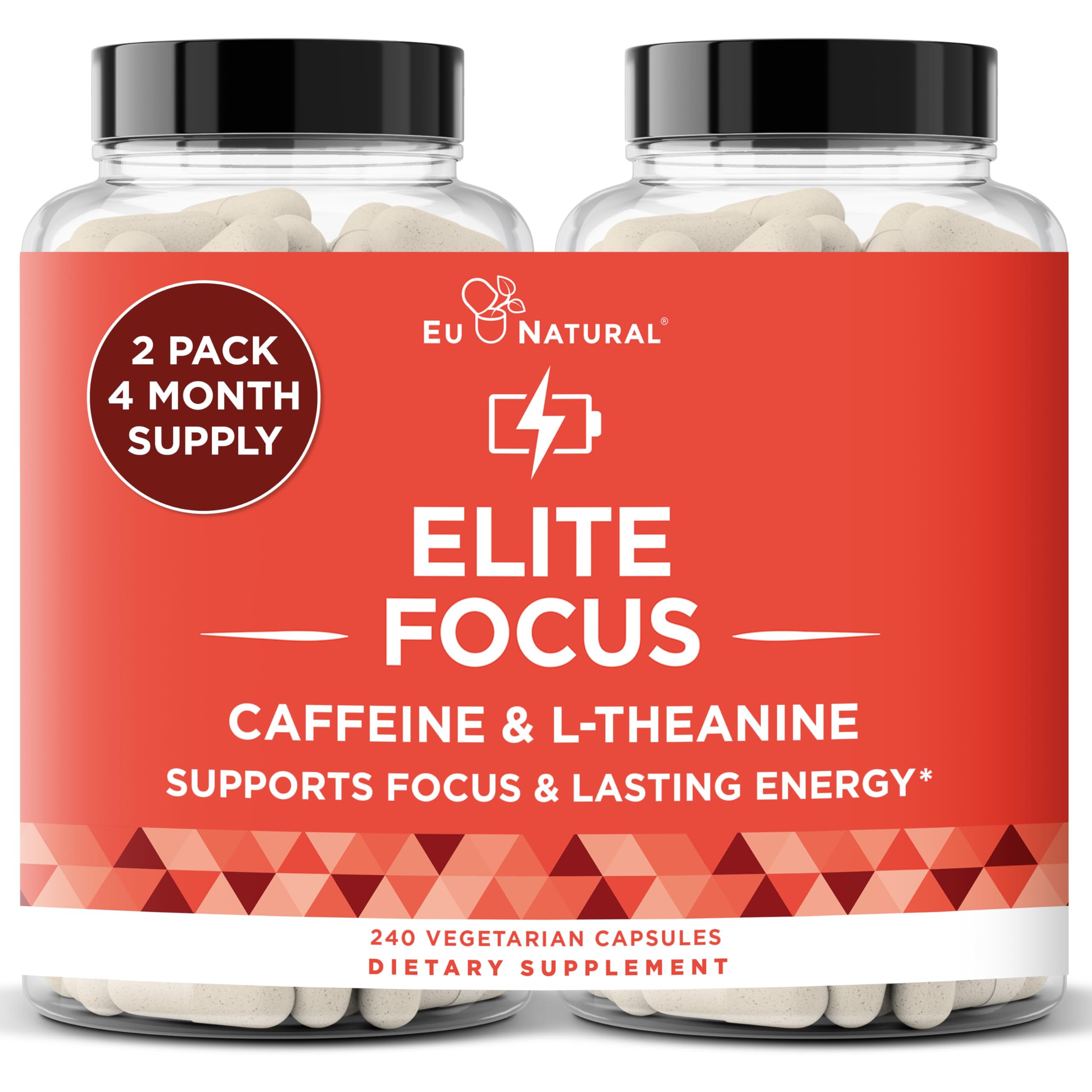 Eu Natural Elite Caffeine Pills with L-Theanine - 100mg Caffeine + 200mg L-Theanine - Jitter-Free Focused Energy & Clean Nootropic Stack - 240 Soft Capsules Eu Natural uk supplements