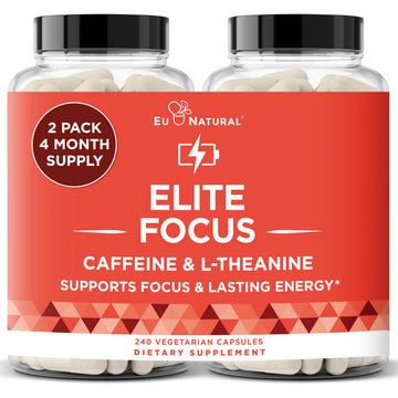 Eu Natural Elite Caffeine Pills with L-Theanine - 100mg Caffeine + 200mg L-Theanine - Jitter-Free Focused Energy & Clean Nootropic Stack - 240 Soft Capsules Eu Natural uk supplements