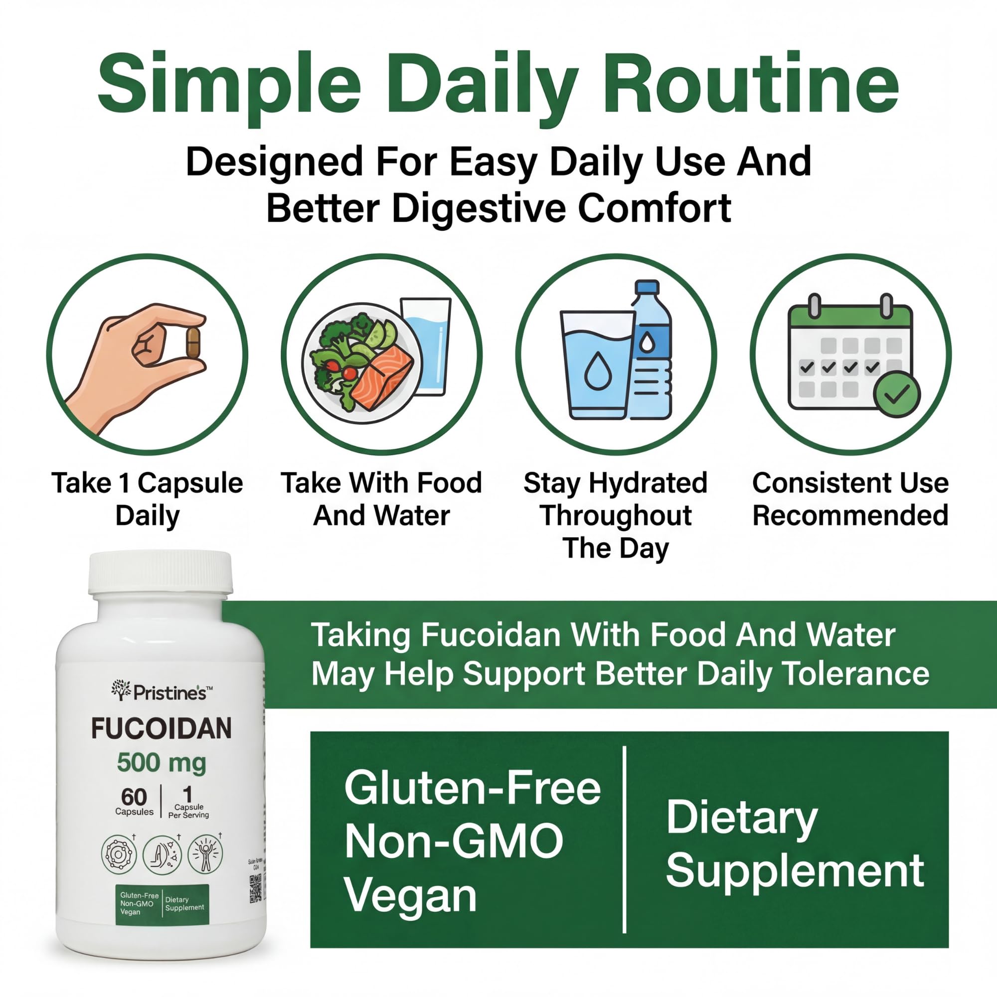 PRISTINE'S Fucoidan 500MG Immunity Supplement Capsules - 60 Day Supply - Brown Seaweed Extract - Potent Herbal Antioxidant Lung Health & Skin Health Support PRISTINE'S uk supplements
