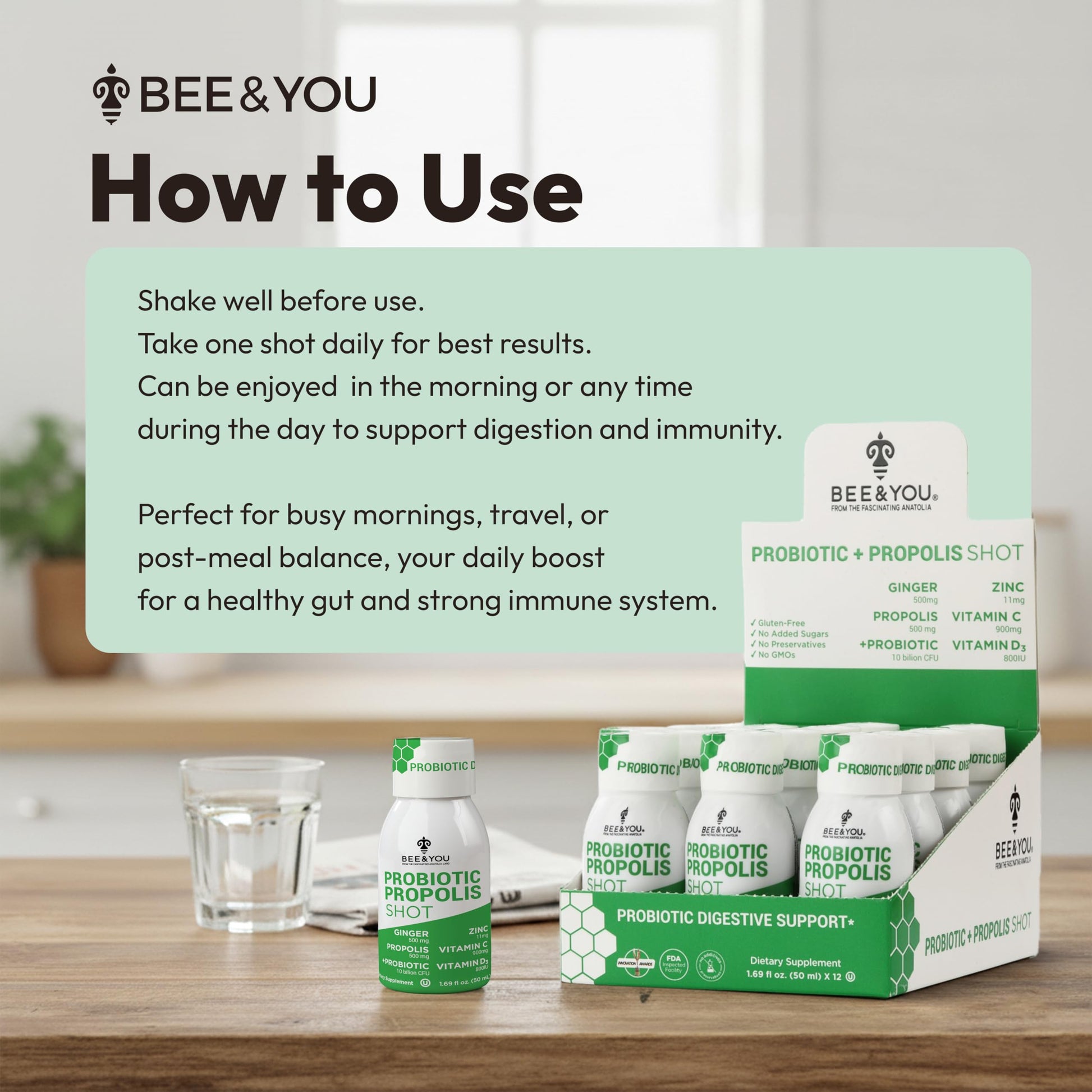 Bee and You Propolis Immune Shot, Probiotic, Vitamin C, Vitamin D3, Zinc, Ginger, Immune Support, Gut Health, Digestive Health, Bioactive 1.69 Fl. oz, 12 Pack BEE & YOU uk supplements